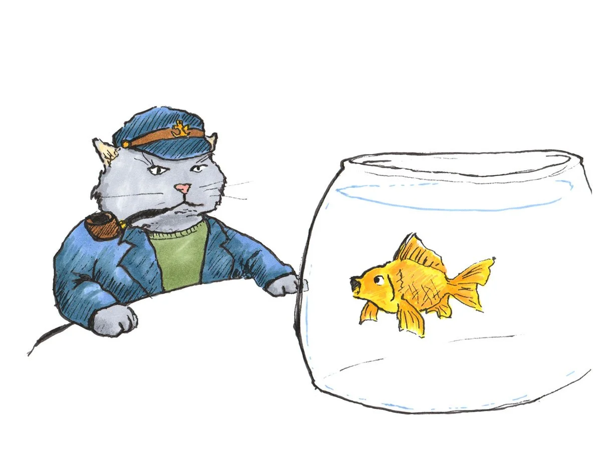 Pen and ink sketch of a cat watching a goldfish