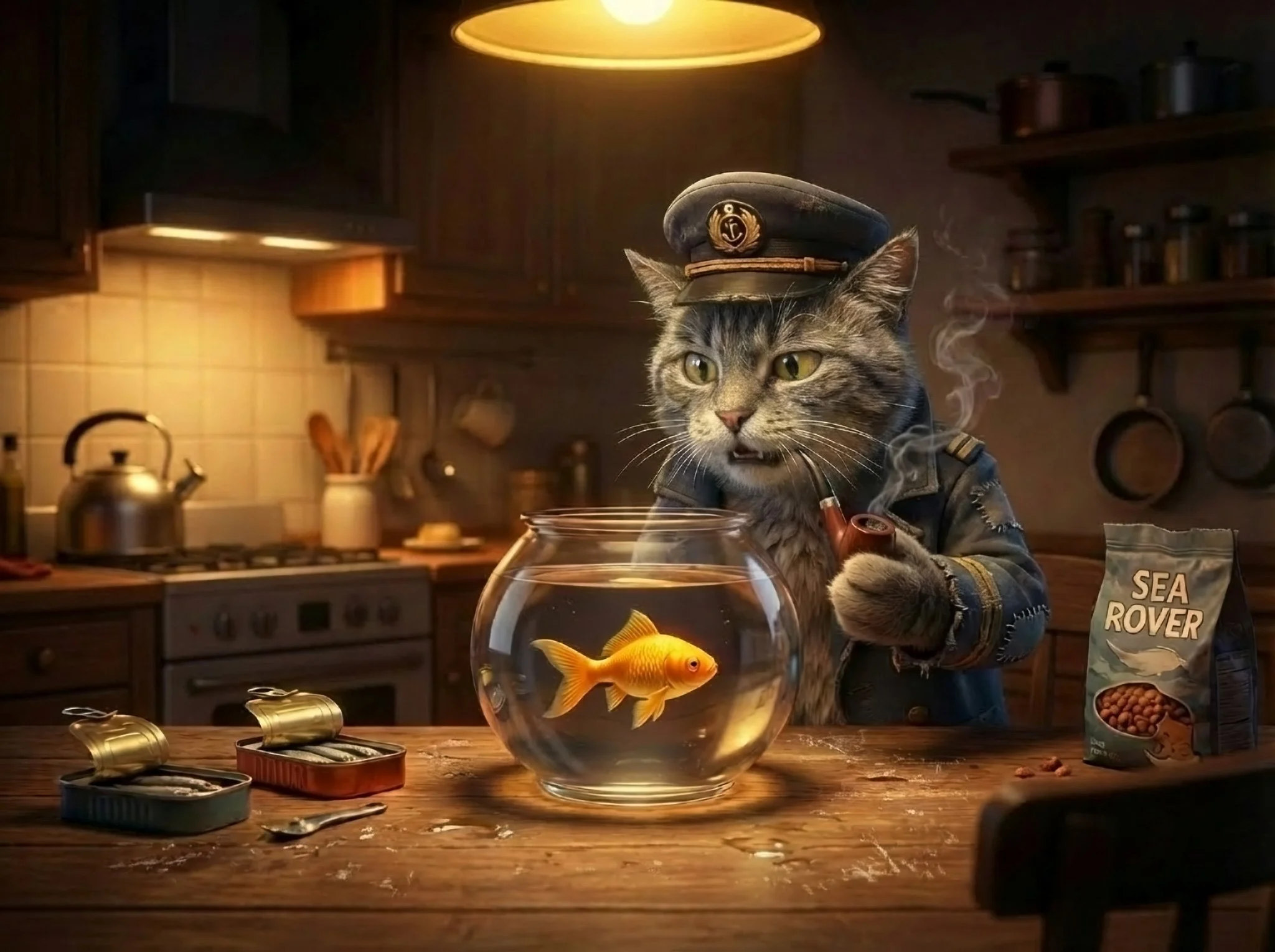 AI generated image of a cat talking to a goldfish