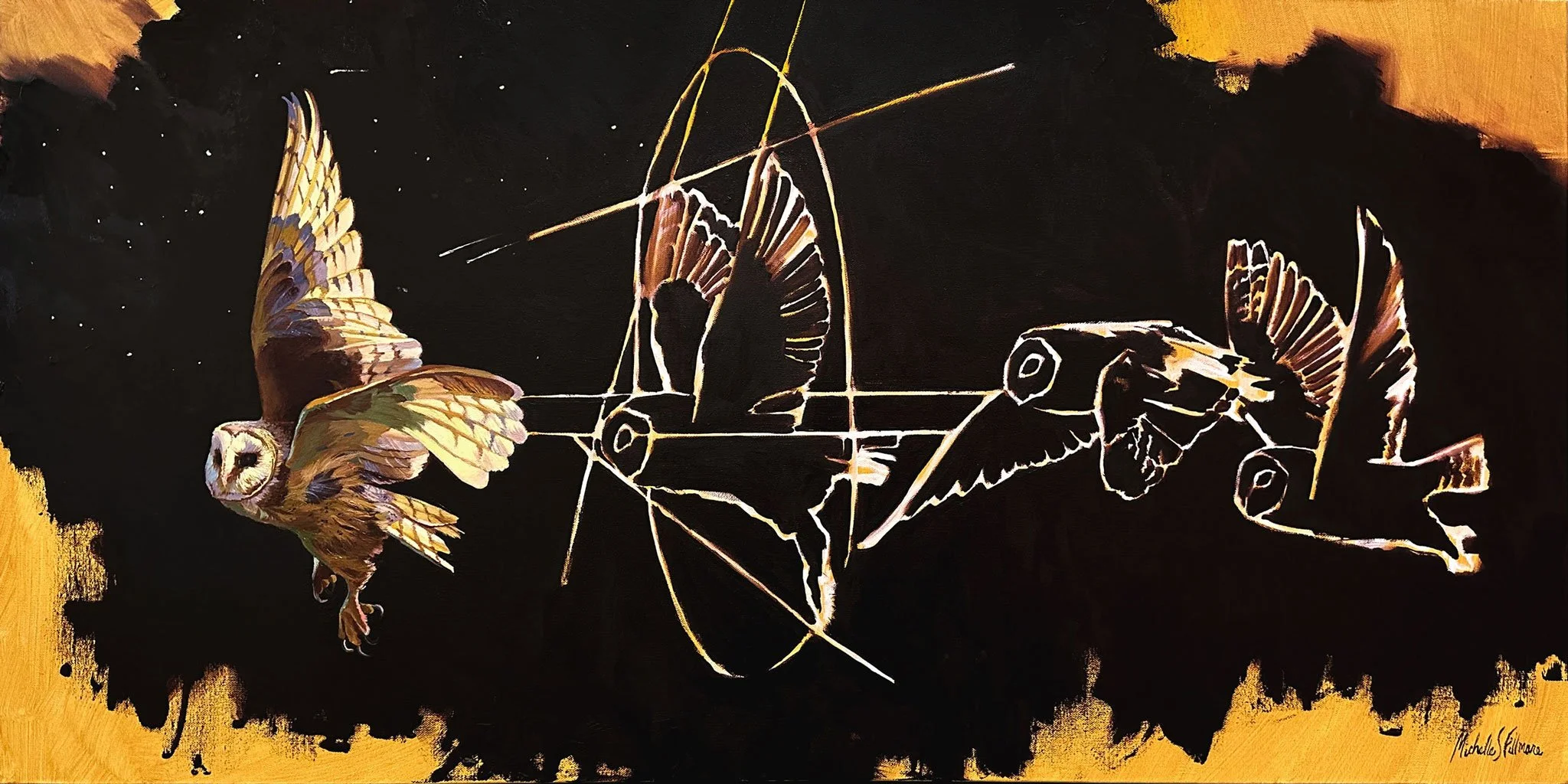 Artwork of multiple painted owls and abstract lines on a black and gold background.