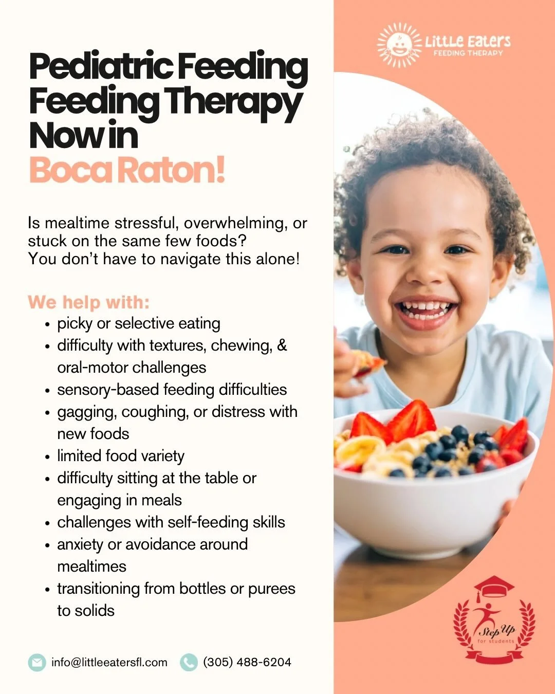 As part of our 2026 growth, we&rsquo;re excited to expand Little Eaters and now offer pediatric feeding therapy in Boca Raton &mdash; at home and in the school setting.

We support babies, toddlers, and children with picky or selective eating, sensor