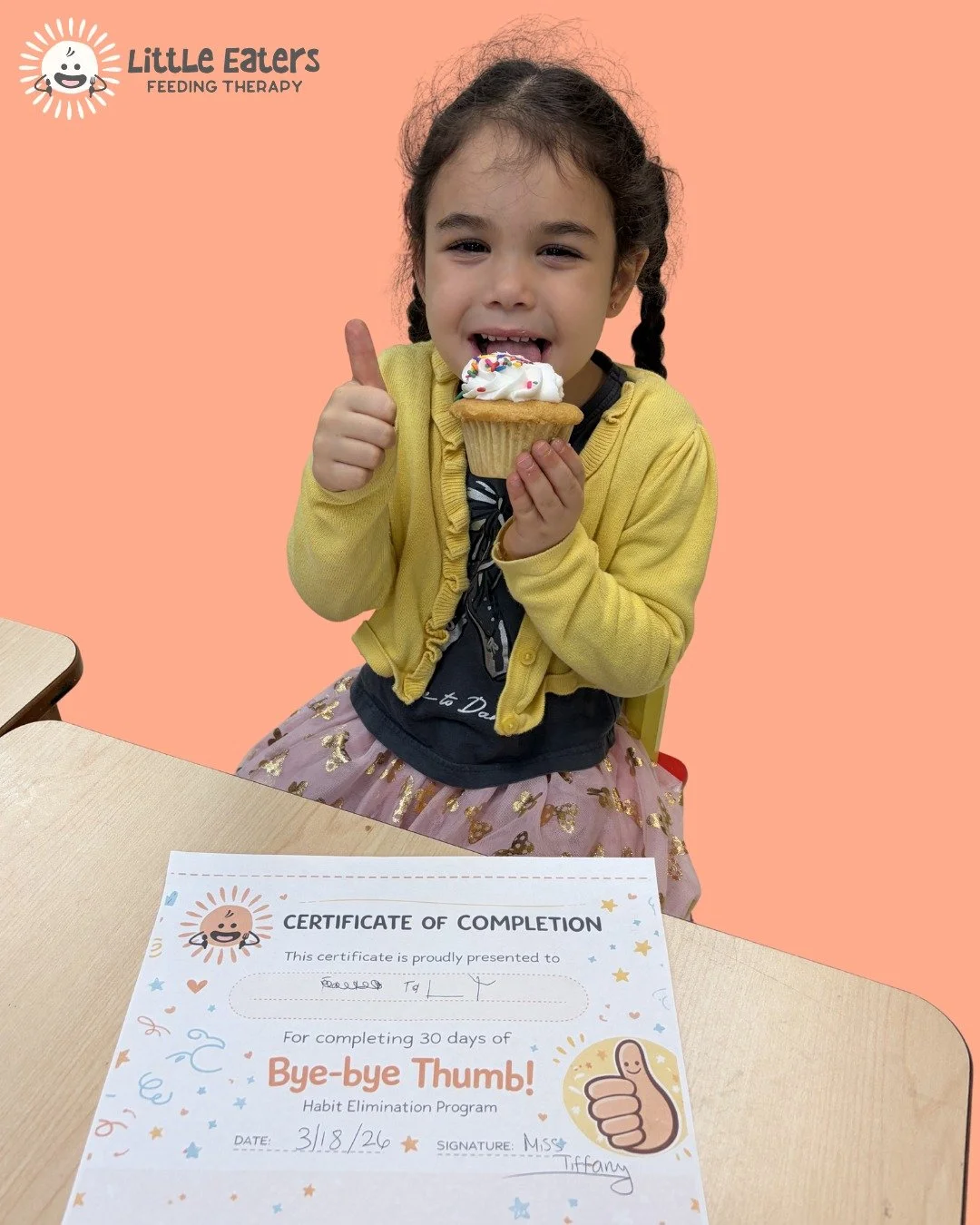 Congratulations to our newest grad of our Bye-Bye Thumb 30 Day Elimination Program!!! ✨

She worked so hard 👏 and had the most amazing support system at home&mdash;daily check-ins, fun prizes, positive reinforcement with our fun sticker chart, senso
