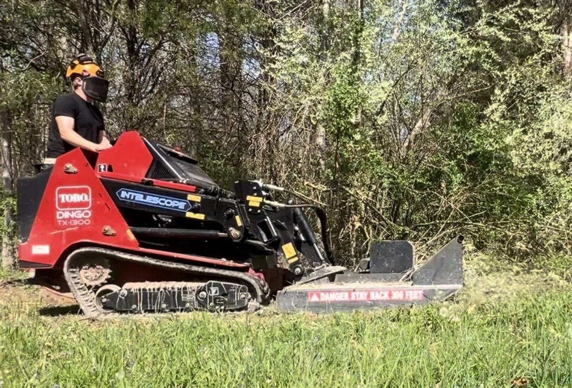 Mini skid steer brush clearing thick honeysuckle and overgrown vegetation in Greater Cincinnati