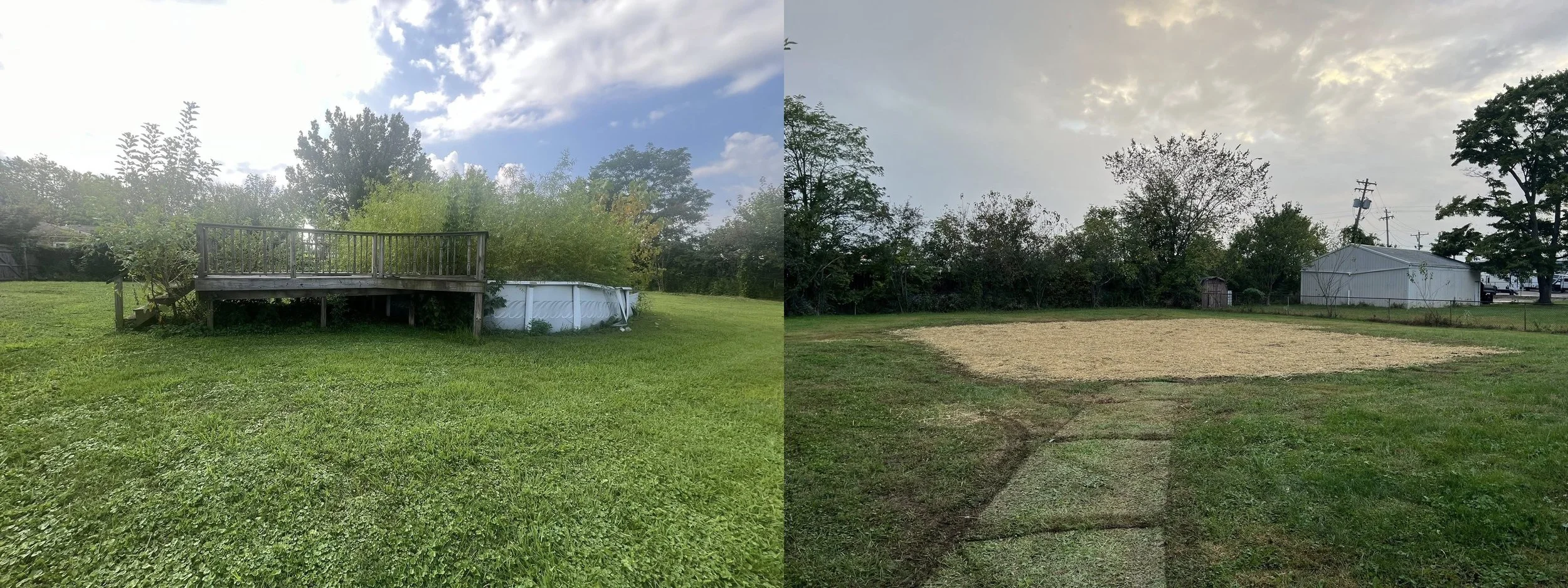 Before and after backyard swimming pool demolition and removal by Lacy Land Services in Greater Cincinnati.