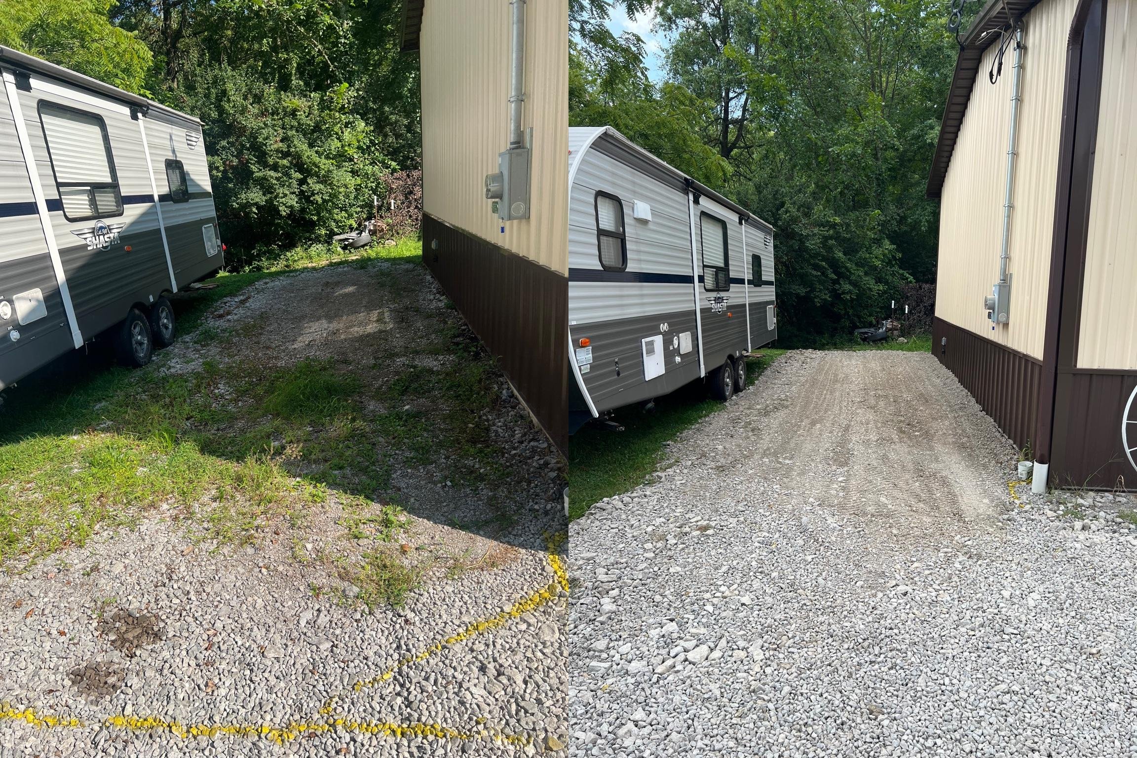 Gravel driveway grading and resurfacing with compact equipment.