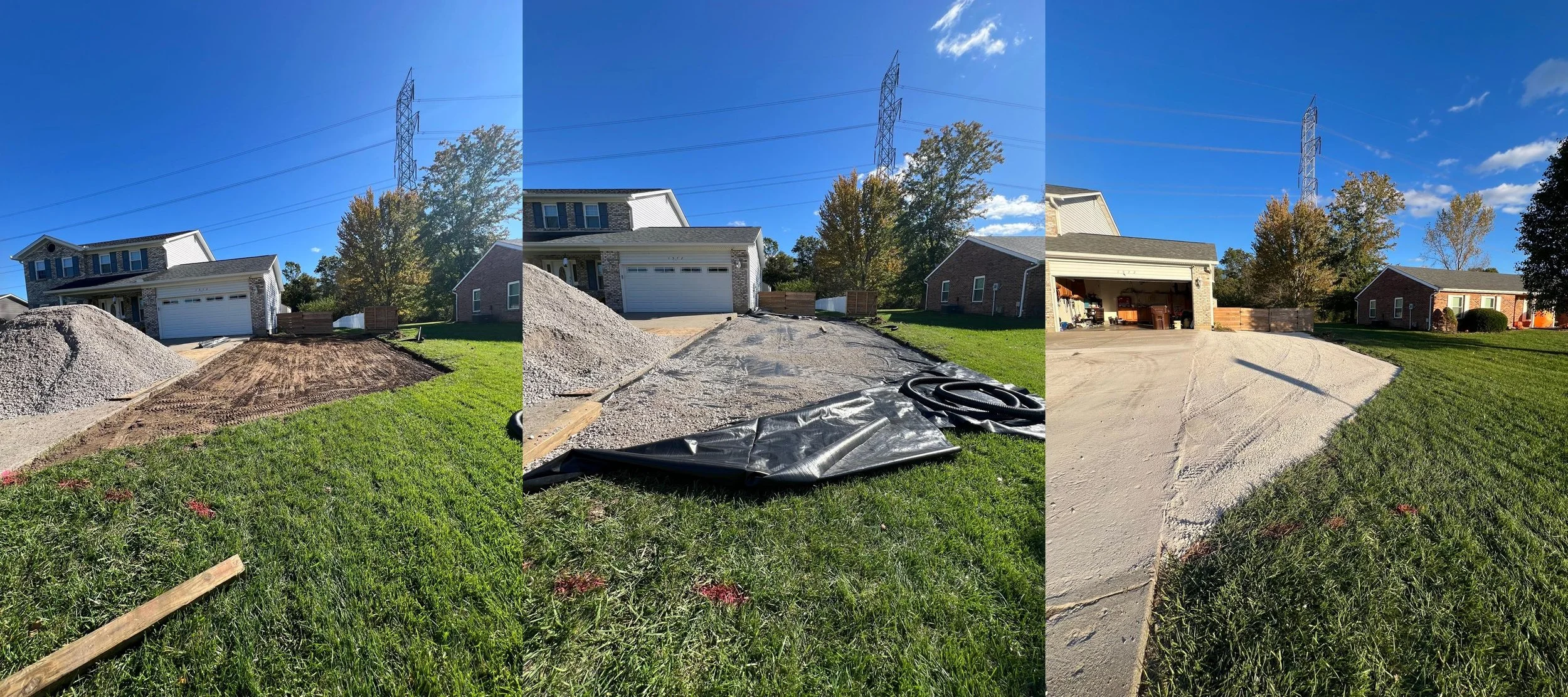 New gravel driveway extension installation using geotextile fabric and compact equipment.