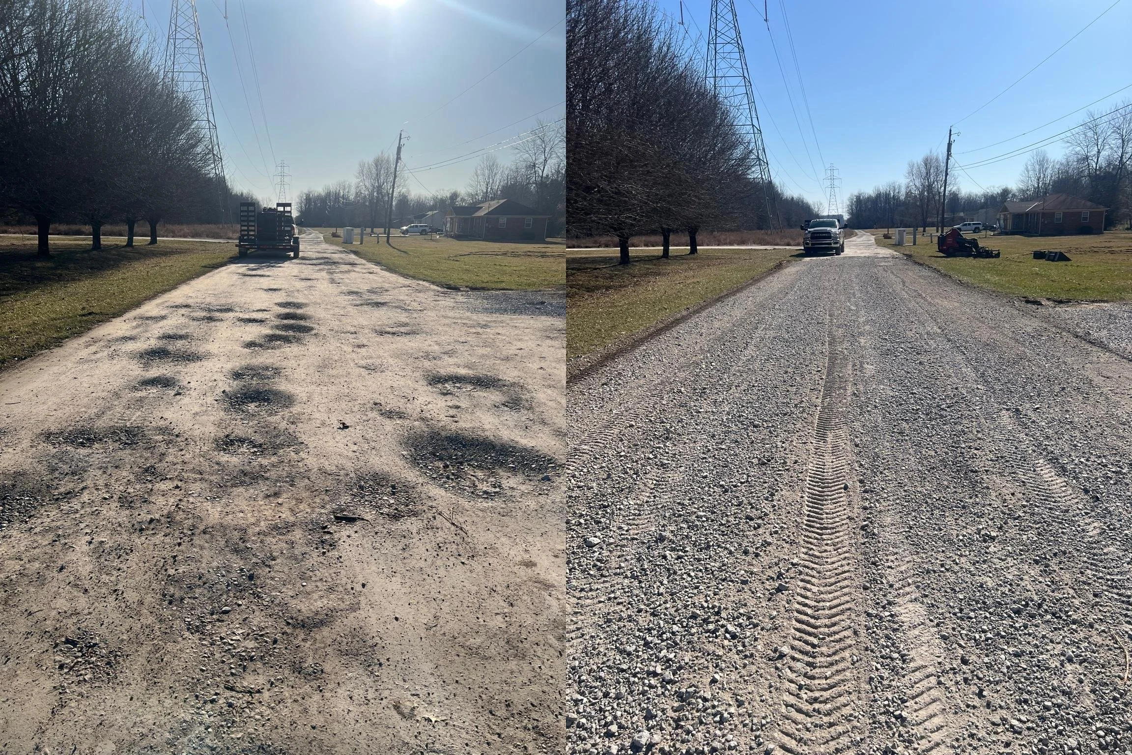 Gravel driveway power raking, grading and resurfacing with compact equipment.