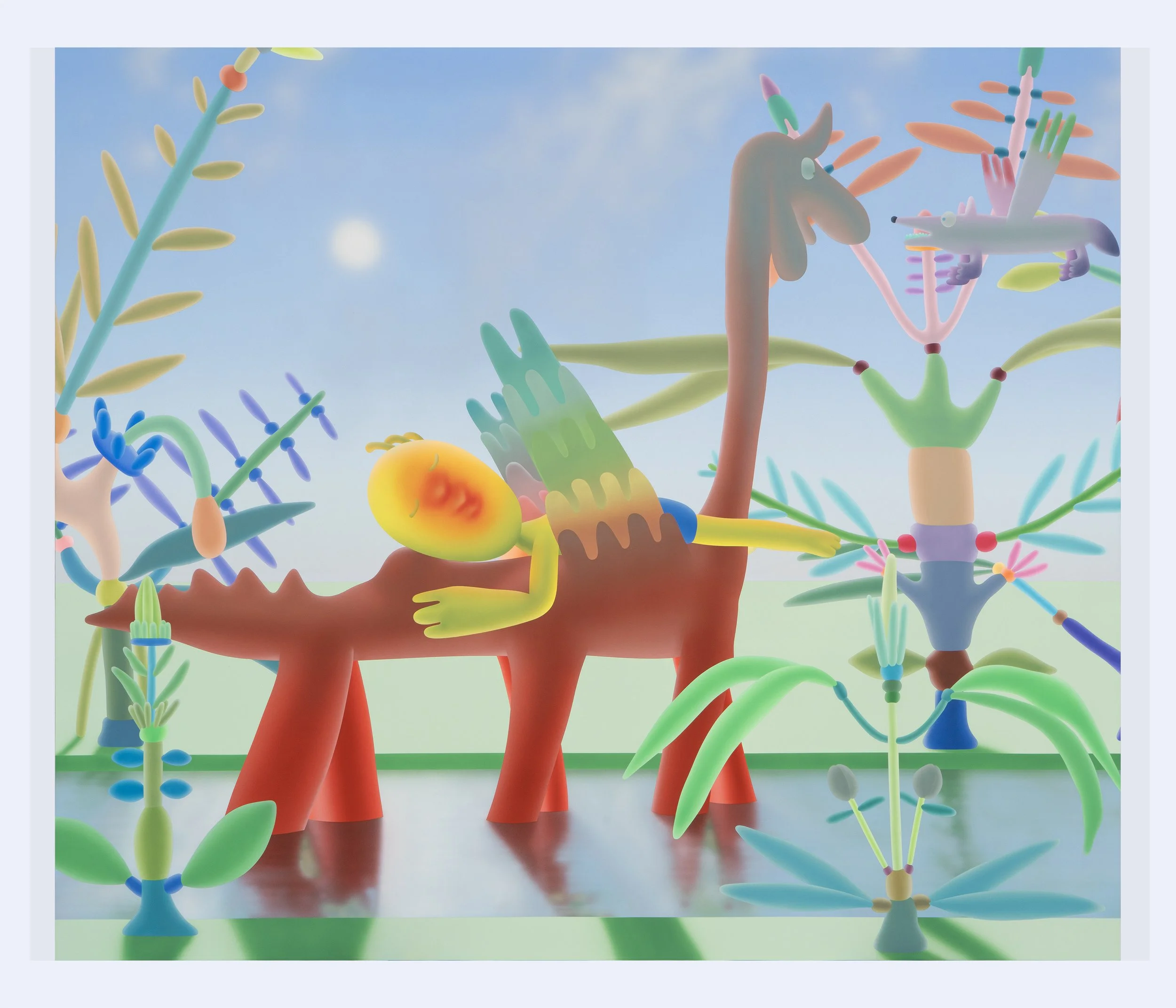 Piri the Dreamer and Flying Coyote in the Garden (in Good Company) #65, flashe on canvas, 71" x 82 3/4", 2025