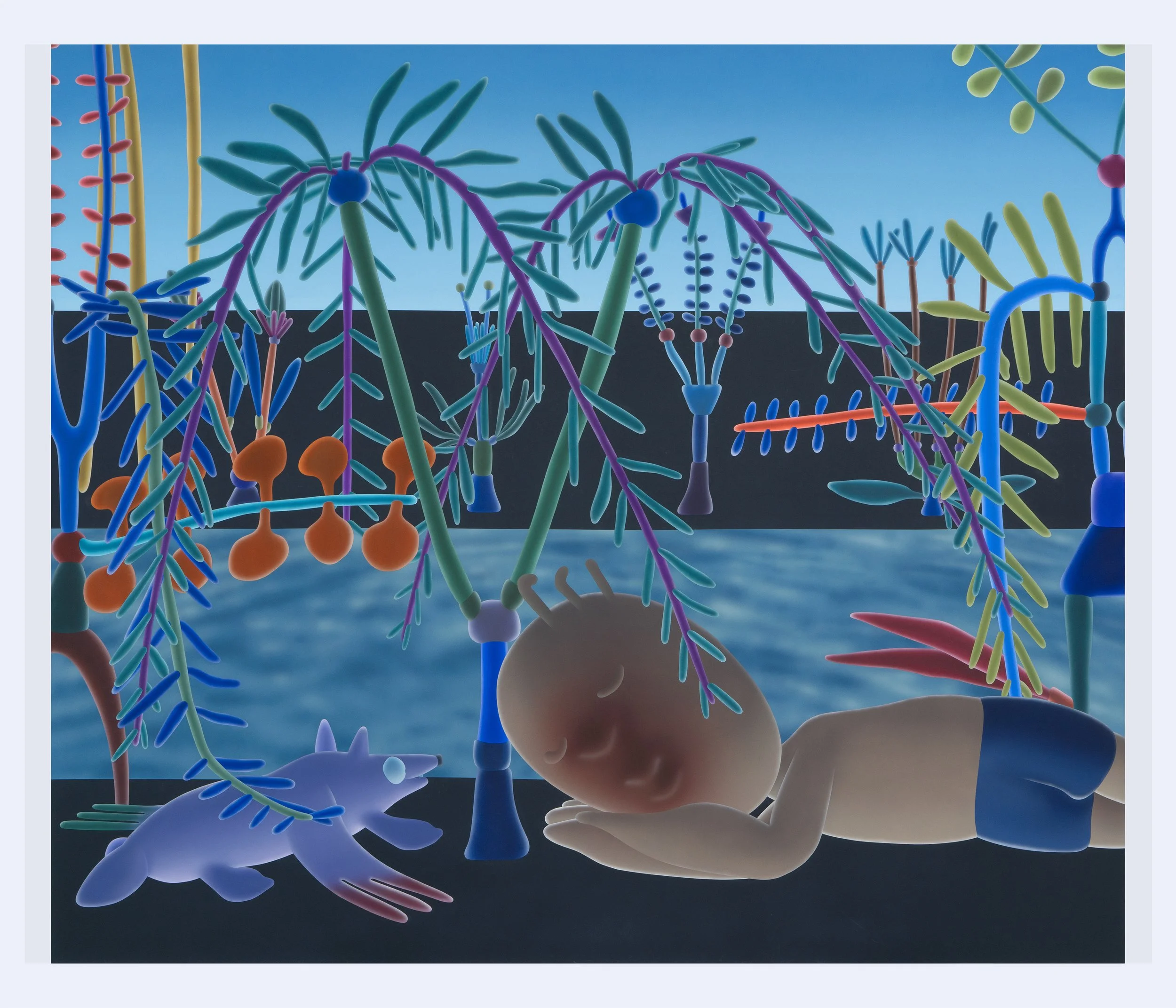 Piri the Dreamer and Flying Coyote in the Garden (at Night) #64, flashe on canvas, 71" x 82 3/4", 2025