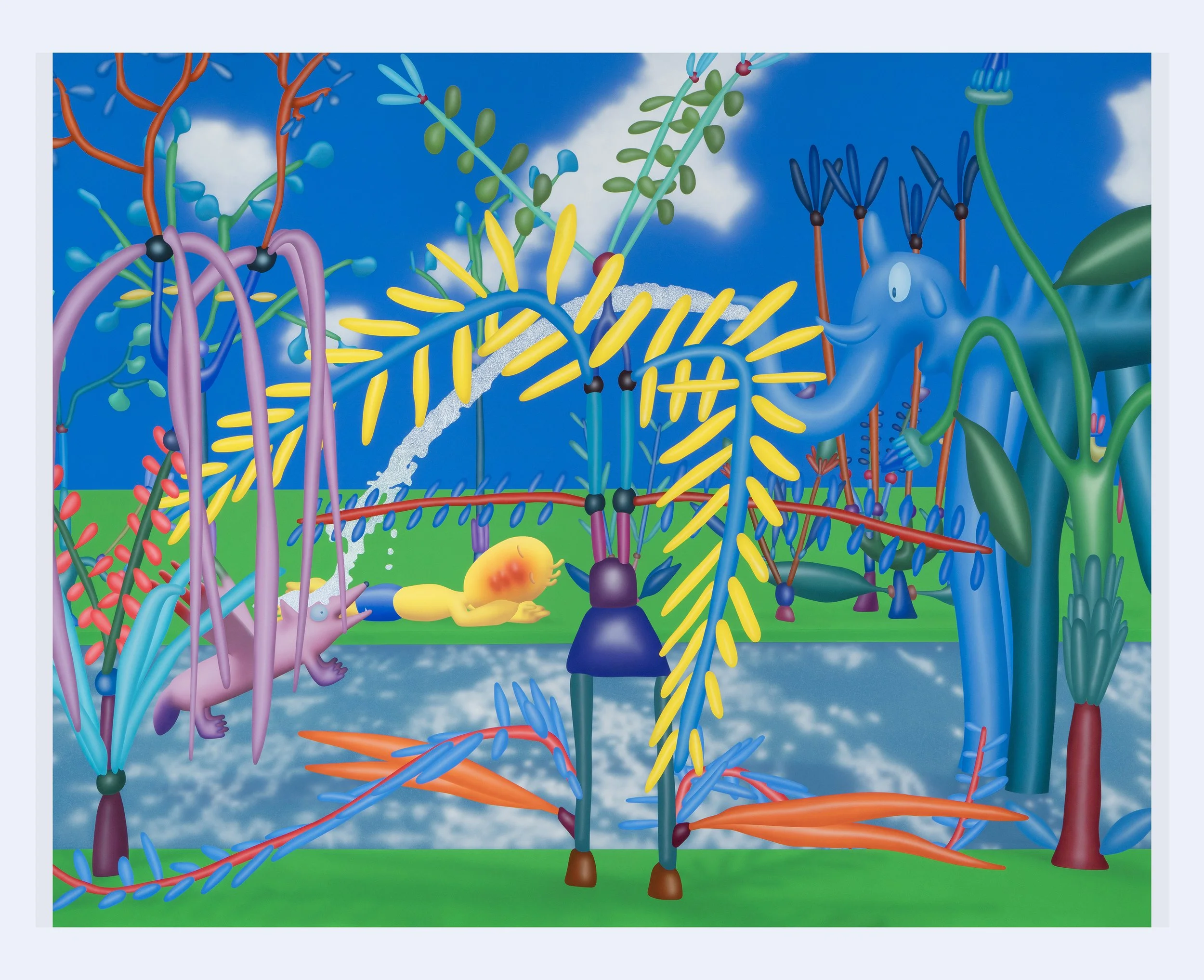 Piri the Dreamer and Flying Coyote in the Garden (in Good Company) #69, flashe on canvas, 82 3/4" x 102 1/2", 2025