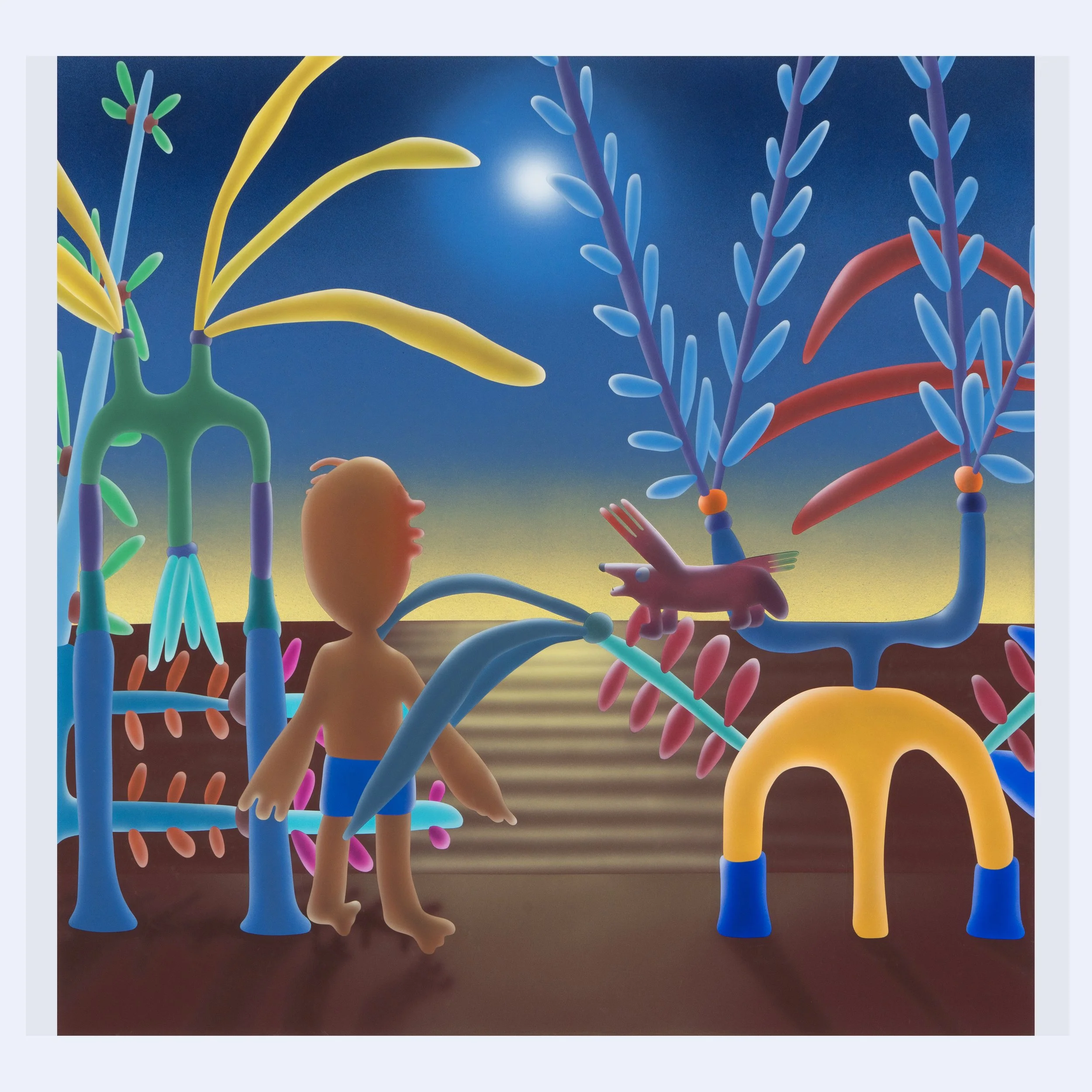 Piri the Dreamer and Flying Coyote (at Night) #62, flashe on canvas, 39.5" x 39.5", 2025