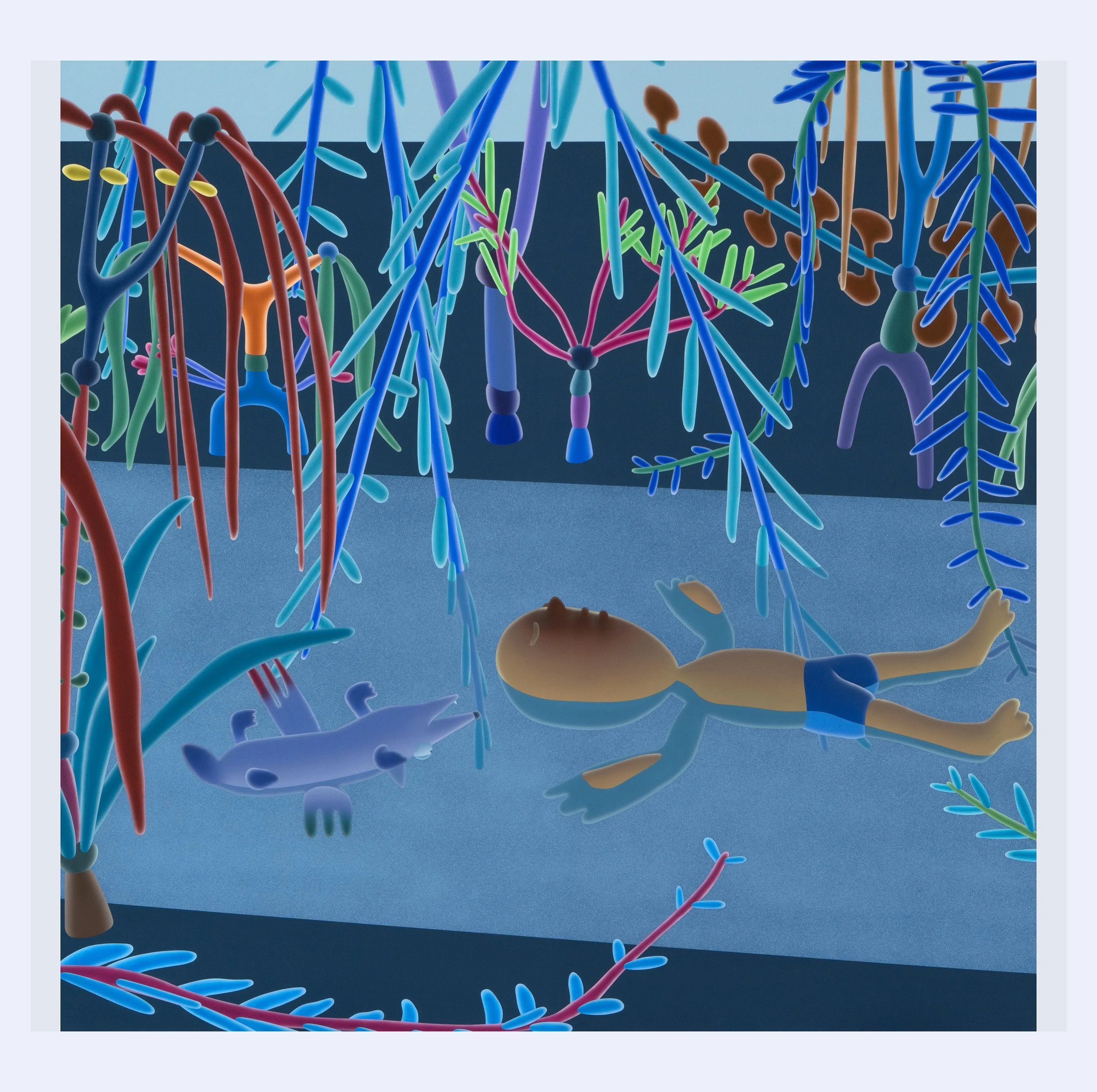 Piri the Dreamer and Flying Coyote in the Garden (at Night) #68, flashe on canvas, 71" x 71", 2025