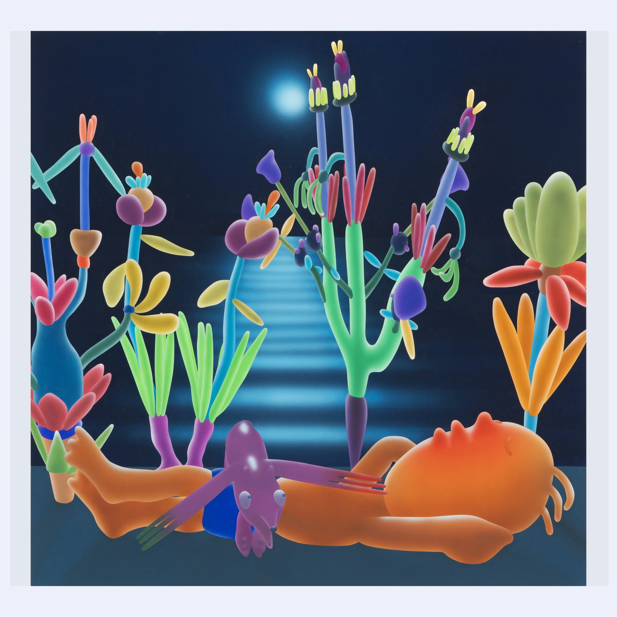 Piri the Dreamer and Flying Coyote (at Night) #63, flashe on canvas, 39.5" x 39.5", 2025