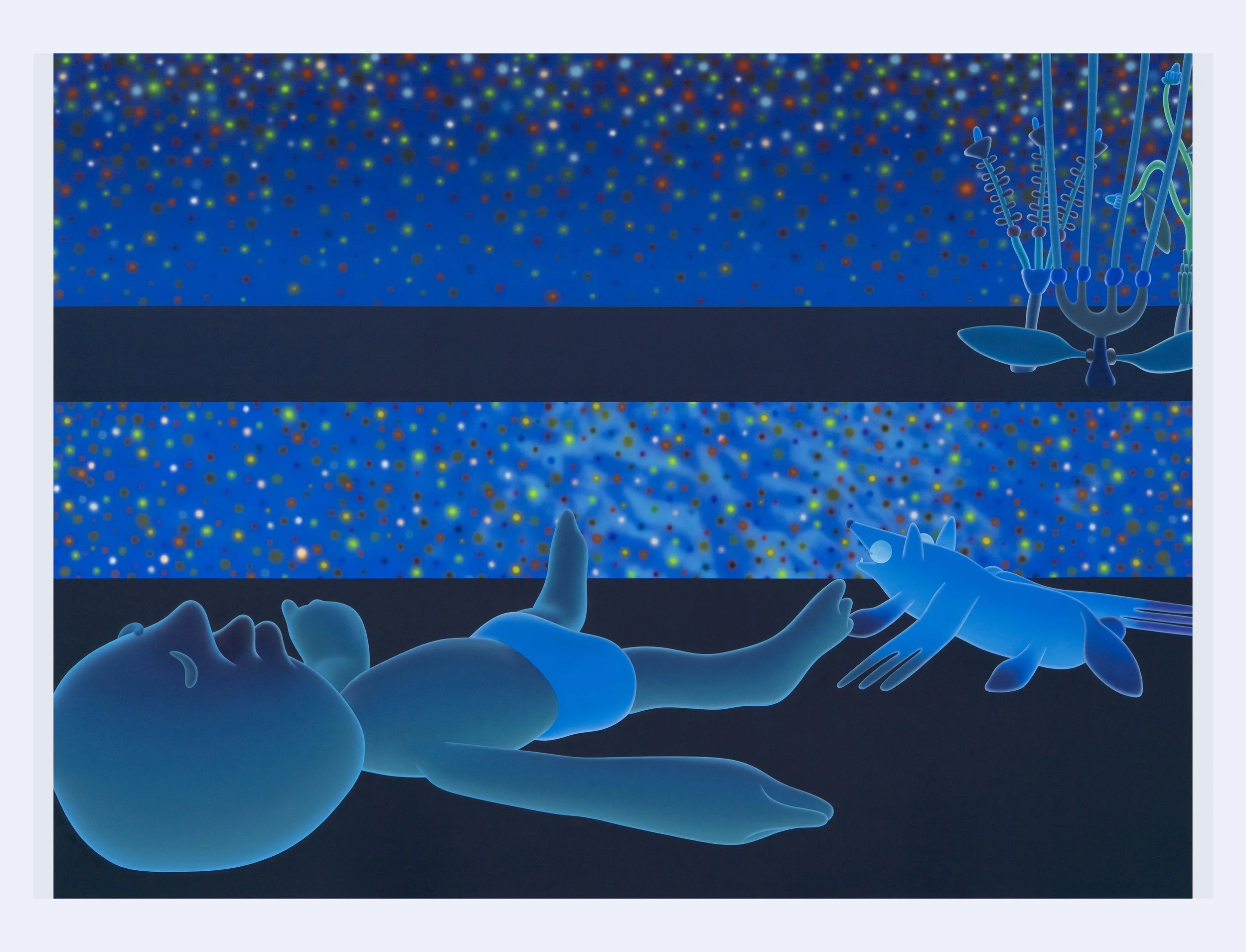 Piri the Dreamer and Flying Coyote in the Garden (at Night) #70, flashe on canvas, 86 3/4" x 118 1/4", 2025