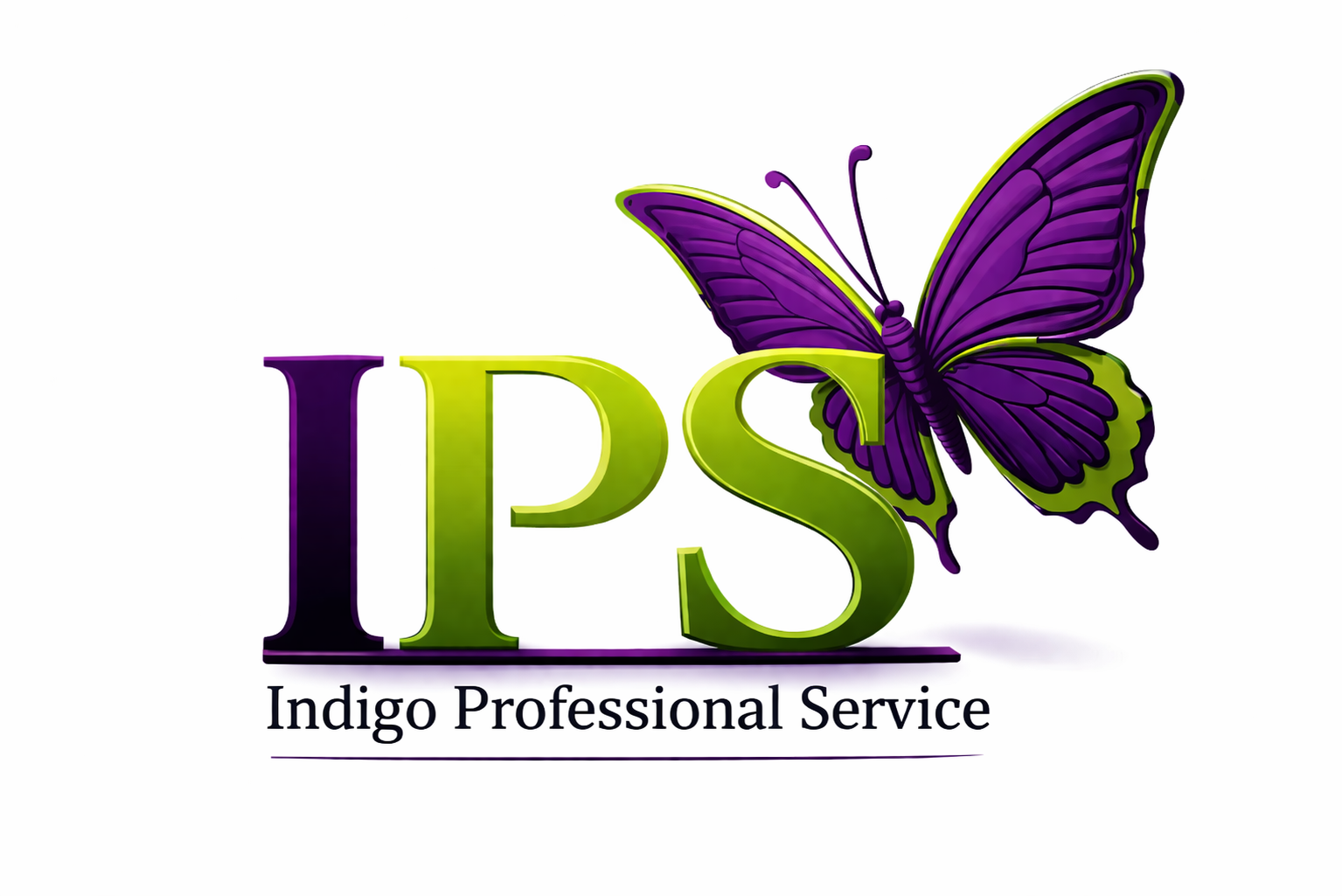 Logo for Indigo Professional Service featuring the letters 'IPS' in purple and green with a purple and green butterfly.
