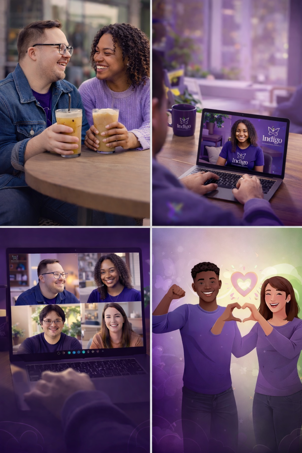 Collage of four images: Top left shows two people enjoying drinks at a cafe, smiling and talking; Top right depicts a person on a video call on a laptop, smiling with a coffee cup nearby with 'Indigo' logo; Bottom left displays a group video call on a laptop with four smiling participants; Bottom right features an illustrated couple making a heart shape with their hands, with colorful hearts and a purple background.