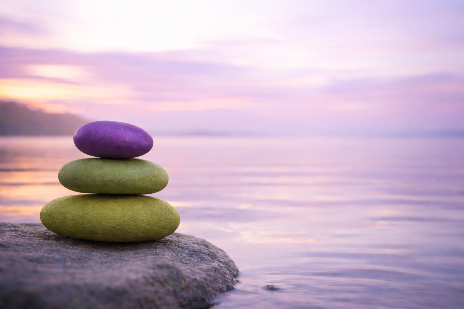Three smooth, rounded rocks stacked on a large rock near the water's edge at sunset or sunrise, with a calm body of water and a pastel-colored sky in the background.