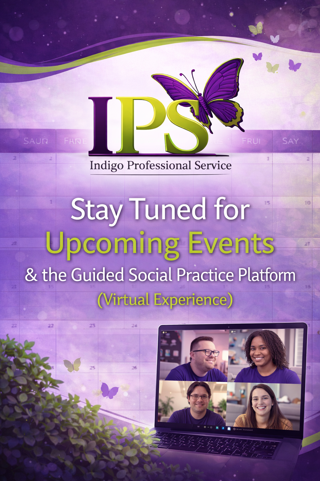 Promotional graphic for Indigo Professional Service with a purple and green butterfly, a purple calendar background, and a Zoom call on a laptop screen showing four smiling people.