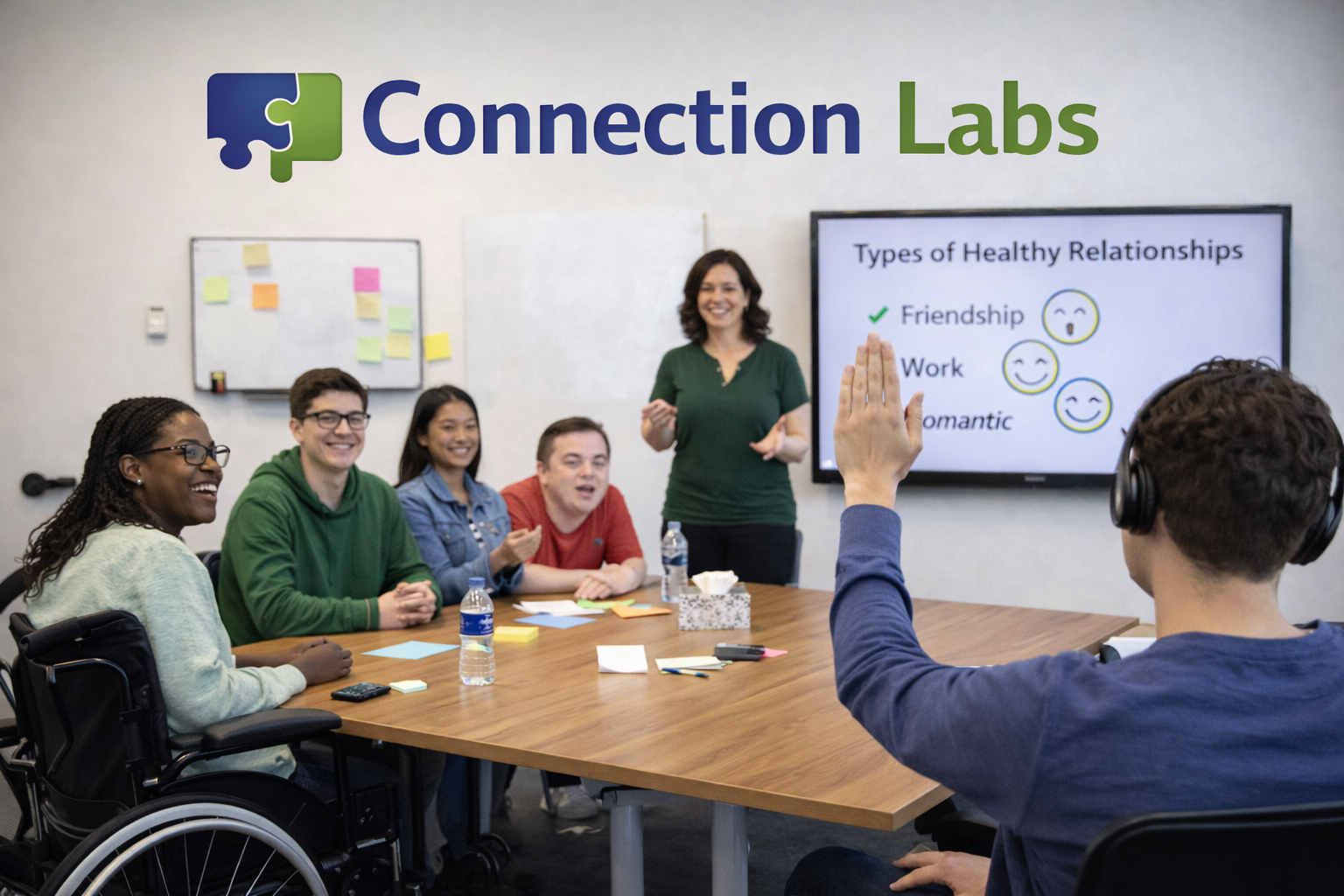 A woman leading a discussion in a room with a diverse group of five young adults, some of whom are smiling and one raising her hand. On the wall, there's a large screen displaying different types of healthy relationships and a logo that reads 'Connection Labs' with puzzle piece icons.