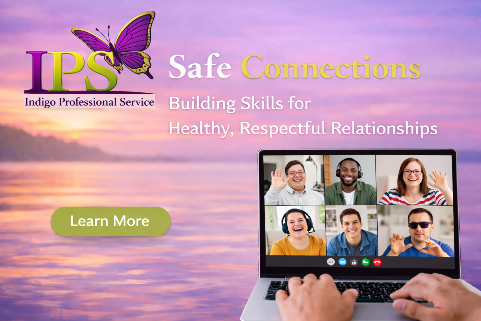 A promotional graphic for IPS Indigo Professional Service featuring a sunset background, a purple butterfly logo, and a virtual meeting of diverse happy people smiling and waving on a laptop screen, with a green "Learn More" button.