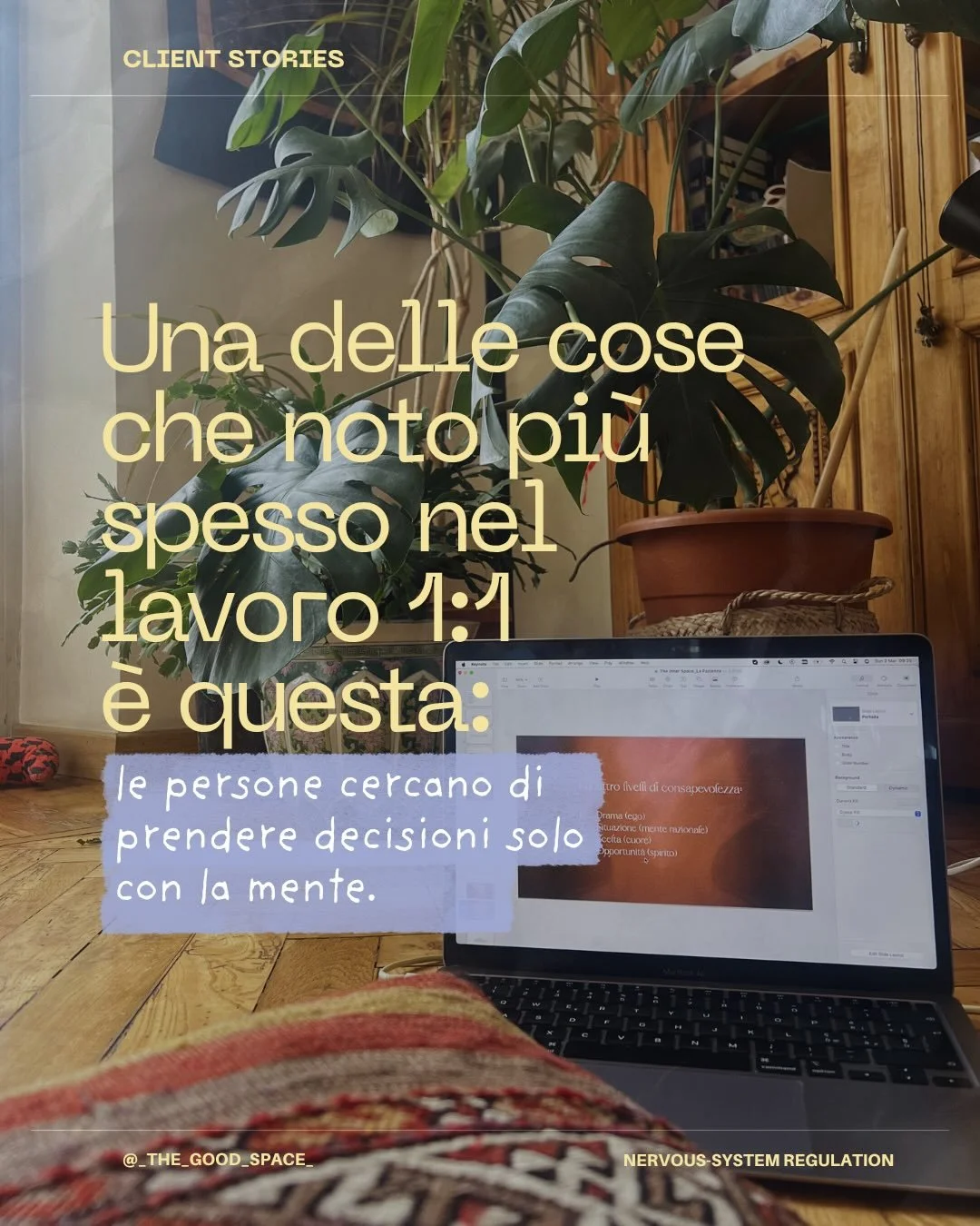 Quello che spesso emerge nel lavoro 1:1 &egrave; quanto il processo decisionale venga portato quasi interamente nella mente.

E quanto questo, nel tempo, renda pi&ugrave; difficile sentire una direzione chiara.

&Egrave; molto importante che il corpo