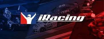 iRacing logo with a stylized person celebrating, set against a background of race cars in blue and red tones.