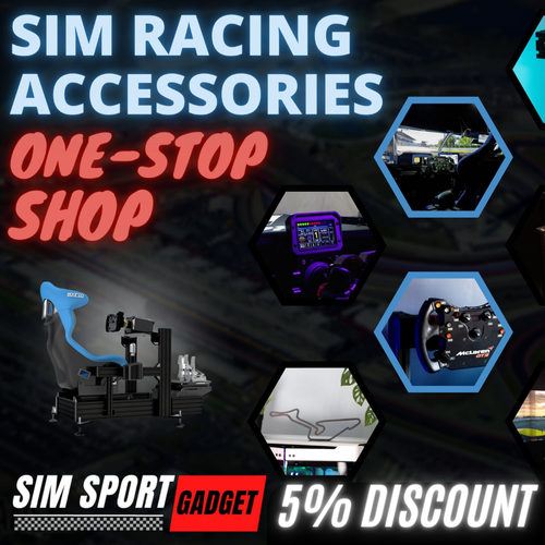 Advertisement for SIM racing accessories and gadgets, featuring images of racing seats, dashboards, steering wheels, and monitors with a 5% discount offer.
