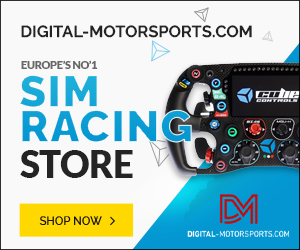 An advertisement for digital motorsports, featuring a race car gaming steering wheel and mention of Europe's number one SIM racing store with a 'Shop Now' button.