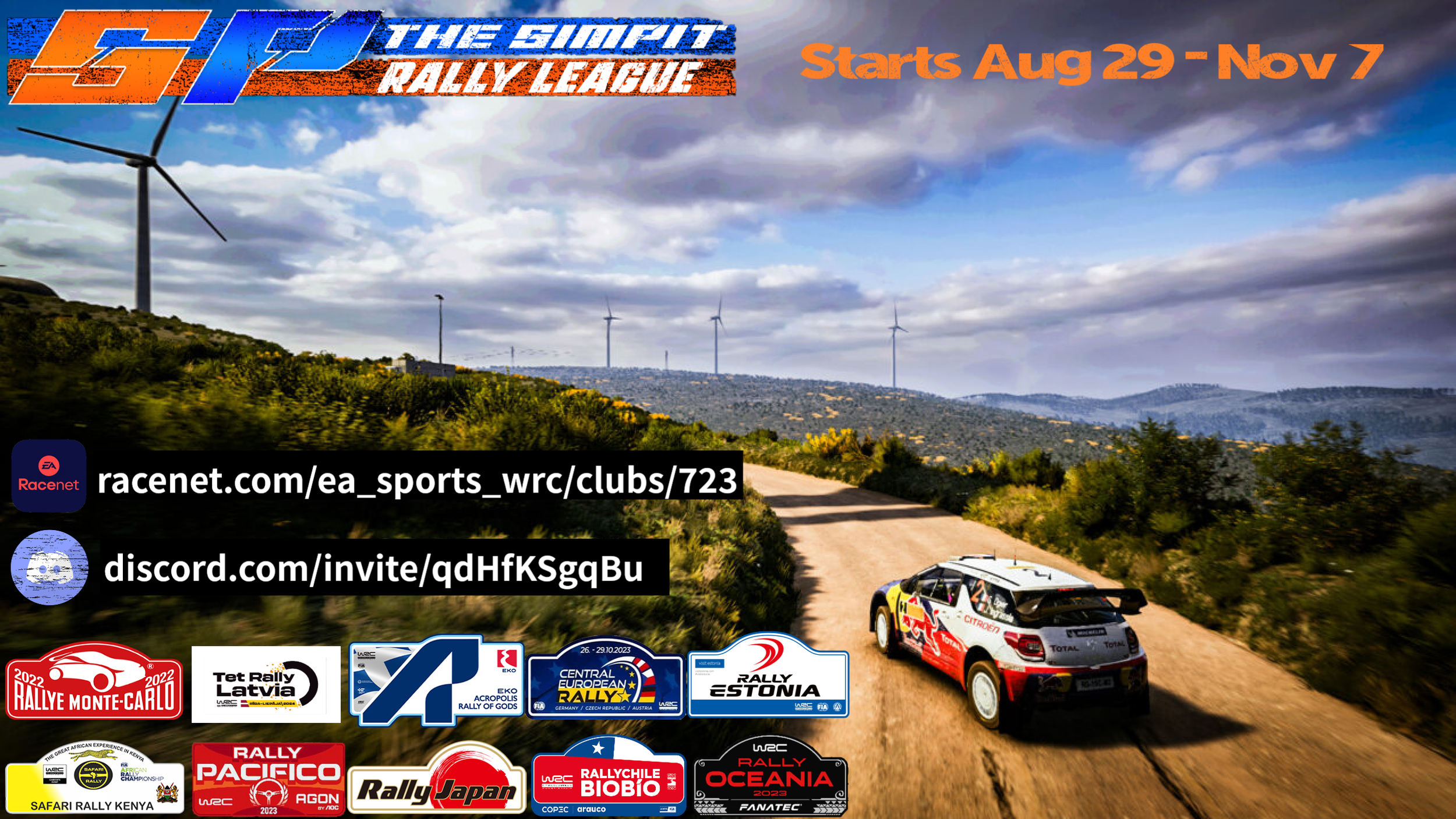 Rally car on dirt road with wind turbines in landscape background, promotional advertisement for the GTP Rally League starting August 29, 2025, featuring event logos and website links.