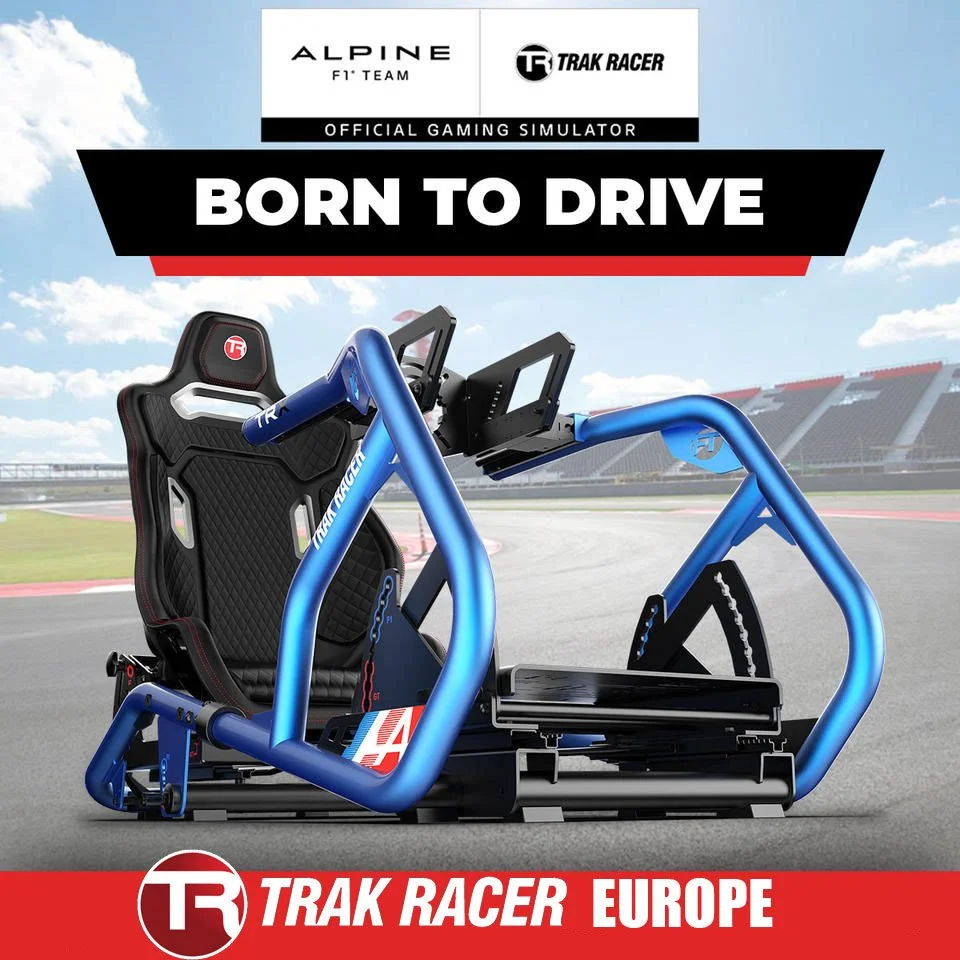 A racing simulator setup with a racing seat, a blue frame, and a steering wheel. The background shows a racetrack and grandstands under a partly cloudy sky. The text on the image includes logos of Alpine F1 Team and Trak Racer, with the slogan "Born to Drive" and mentions of a gaming simulator and Europe's Trak Racer.