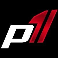 Logo with a stylized letter 'P' and red stripes on a black background.