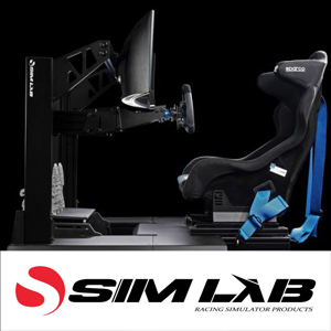 Racing simulator setup with a racing seat, steering wheel, pedals, monitor, and motion platform on a black background, labeled SIM LAB.