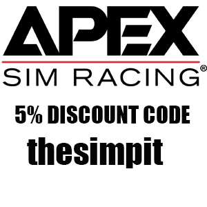 A promotional image for Apex Sim Racing offering a 5% discount code 'thesimpt'.