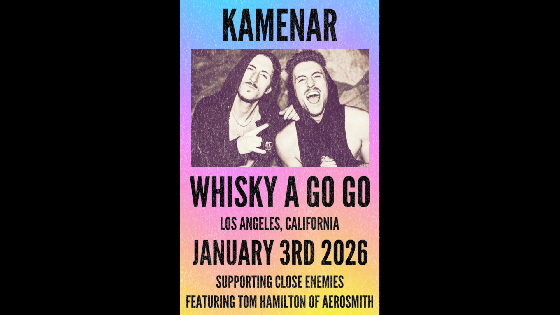 Kamenar to Open for Tom Hamilton of Aerosmith's New Band Close Enemies at the World-Famous Whisky a Go Go - January 3, 2026