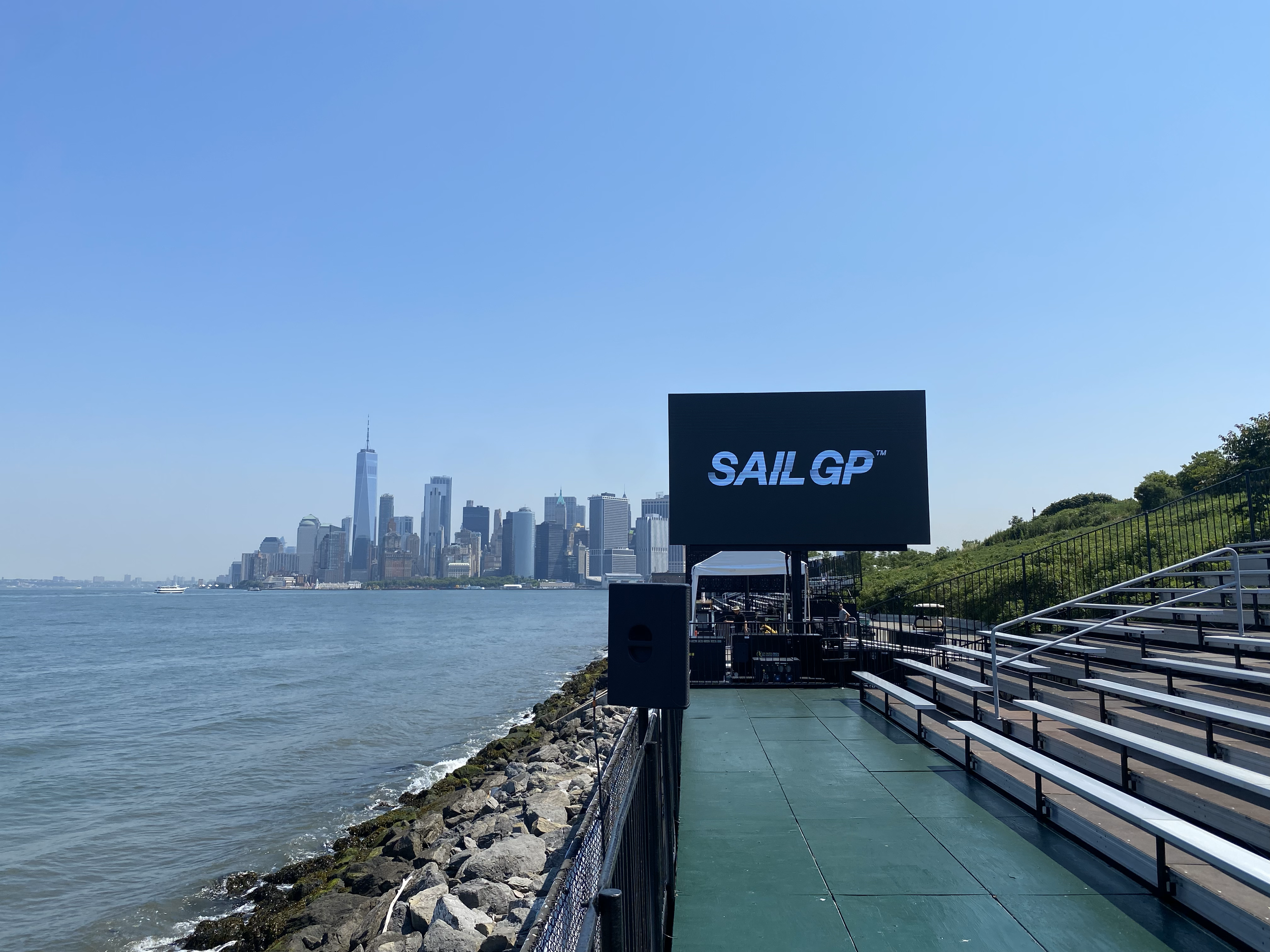 Mobile LED Screen Video Wall at SailGP races in new york city Manhattan, seventeen foot led screen outdoors by the water with the city in the background