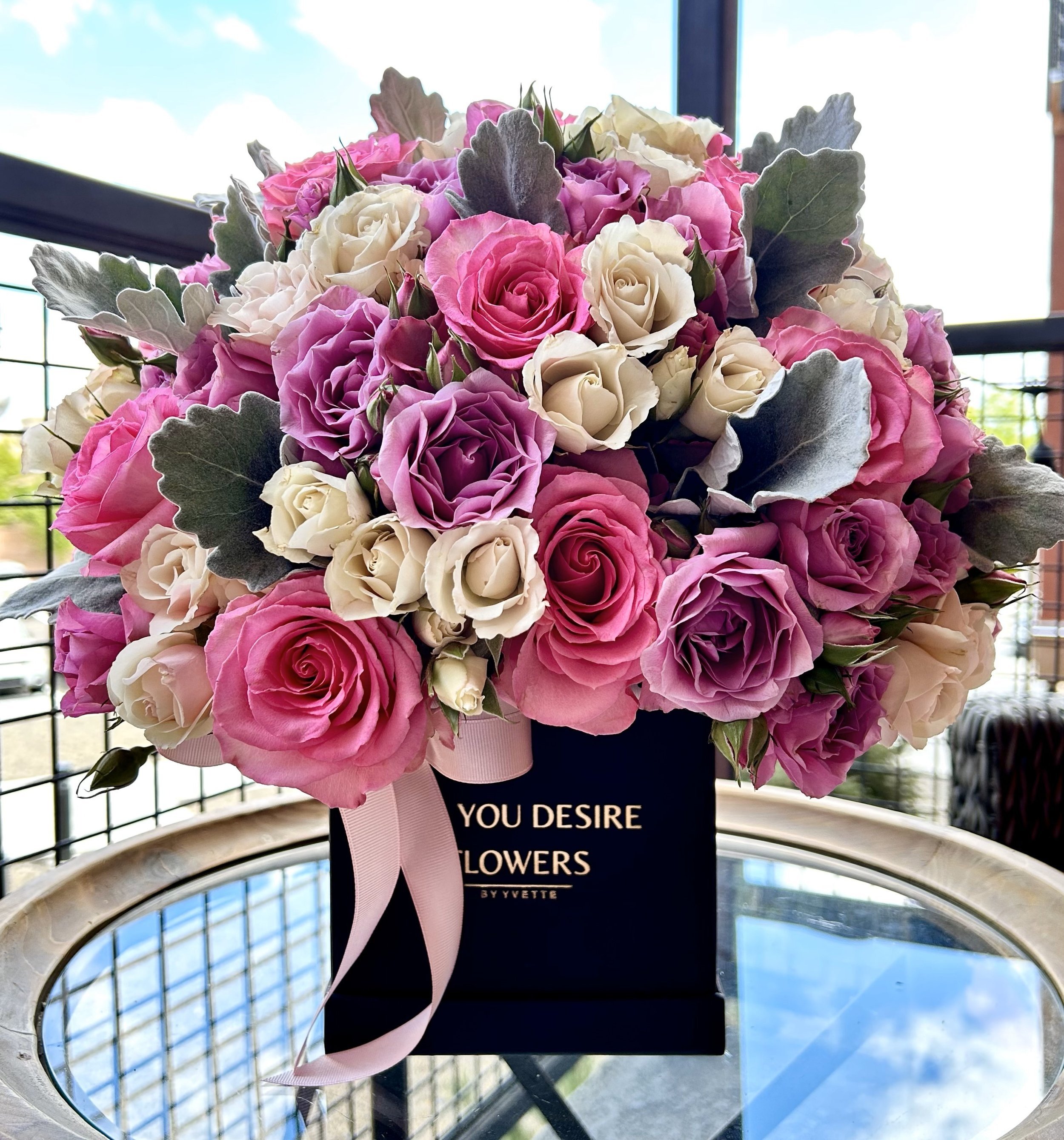 Spray Roses & Dusty Miller Bloom Box