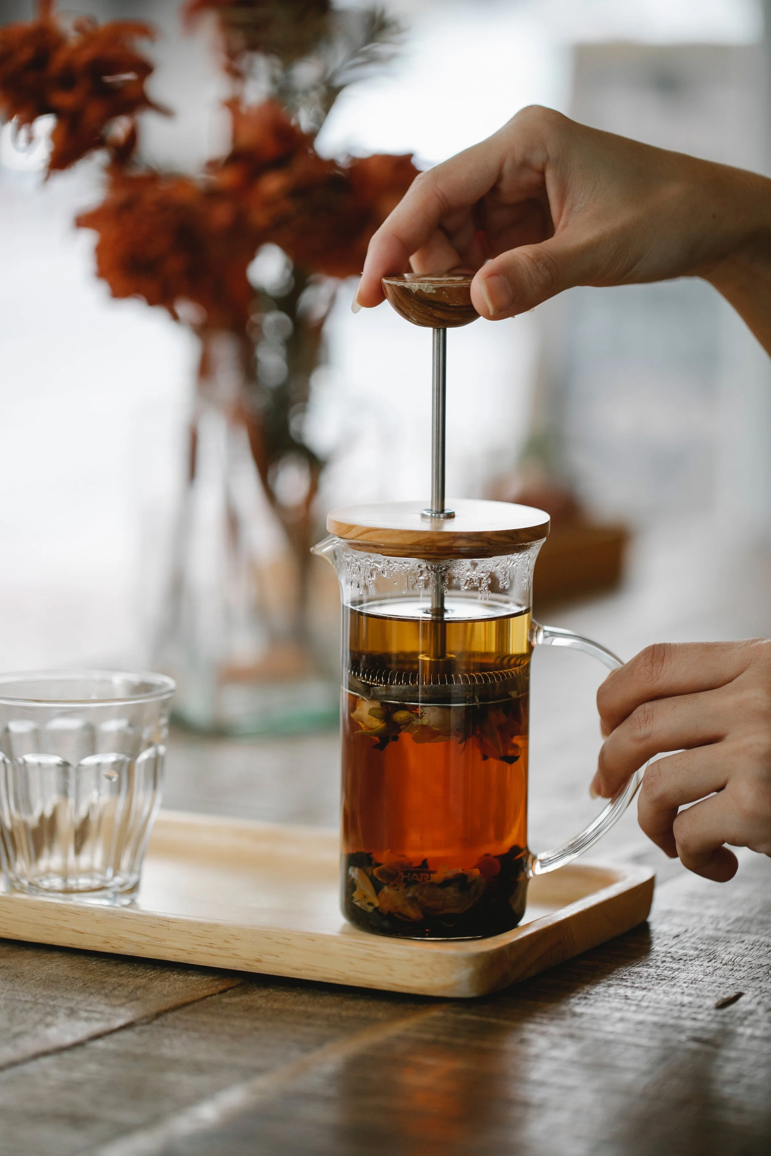 Tea being prepared in a French press