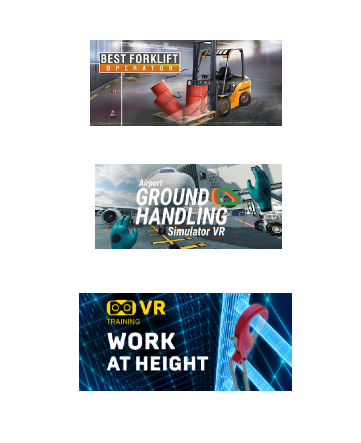 Series of three virtual reality training program covers for forklift operation, ground handling at airports, and working at height.