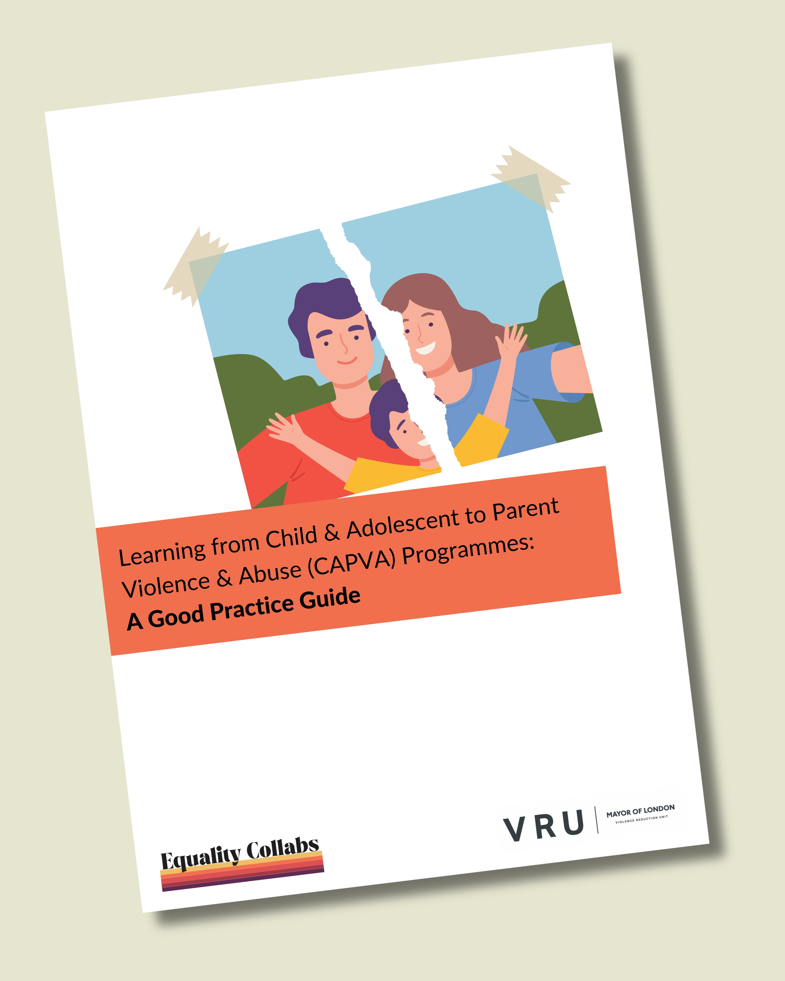 Cover page of a report titled "Learning from CAPVA programmes: a good practice guide." The cover features an illustration of a torn photograph of a happy family with two children and two adults smiling outdoors with hills and sky in the background.