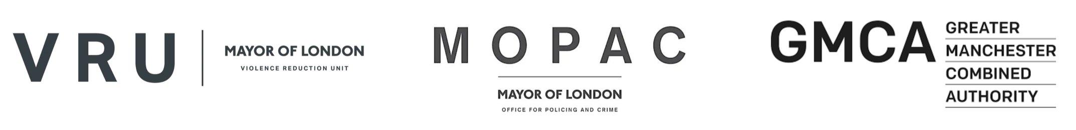 Logos of VRU Mayor of London Violence Reduction Unit, MOPAC Mayor of London Office for Policing and Crime, and GMCA Greater Manchester Combined Authority.