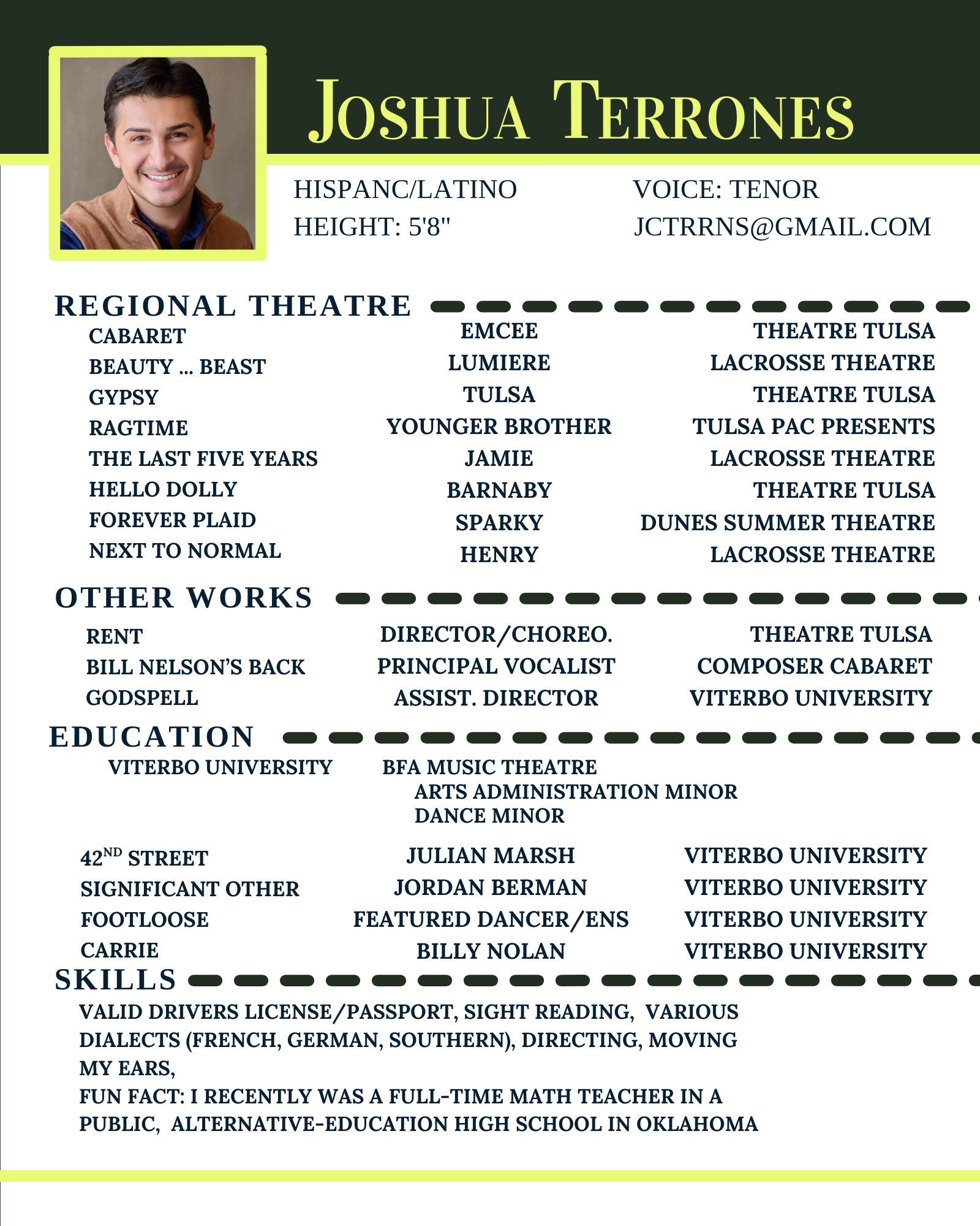 Resume of Joshua Terrones including photo, personal details, theatre experience, other works, education, skills, and a fun fact.