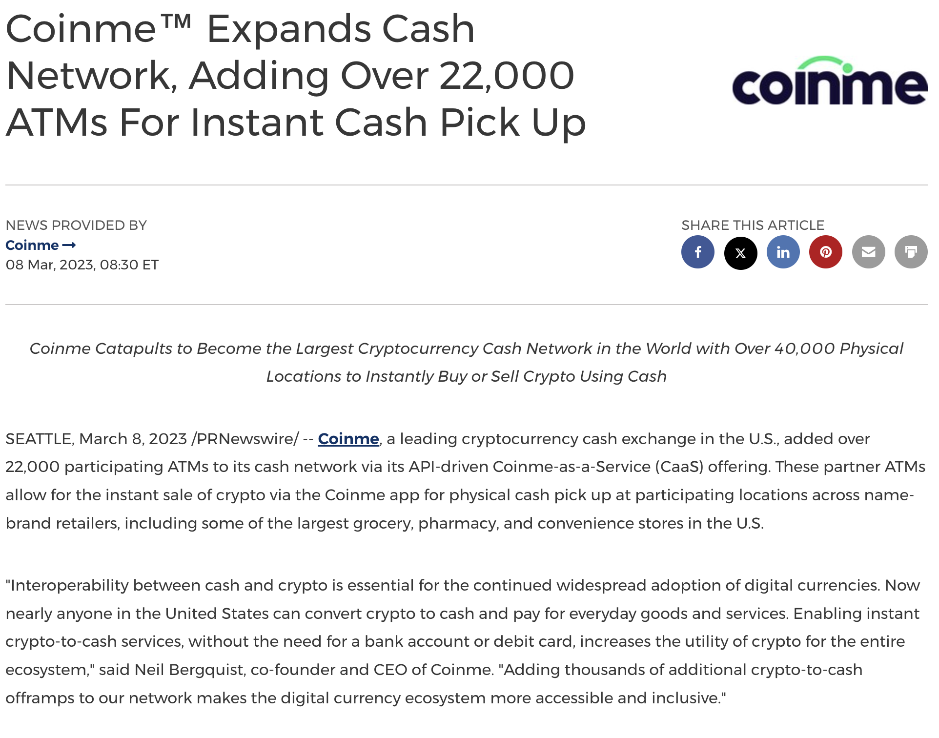 Coinme Network Expansion