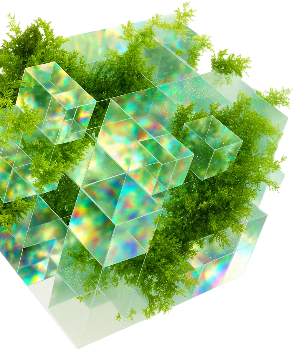 A surreal digital artwork featuring a large green tree integrated with geometric transparent cubes with holographic reflections, creating an abstract, futuristic landscape.