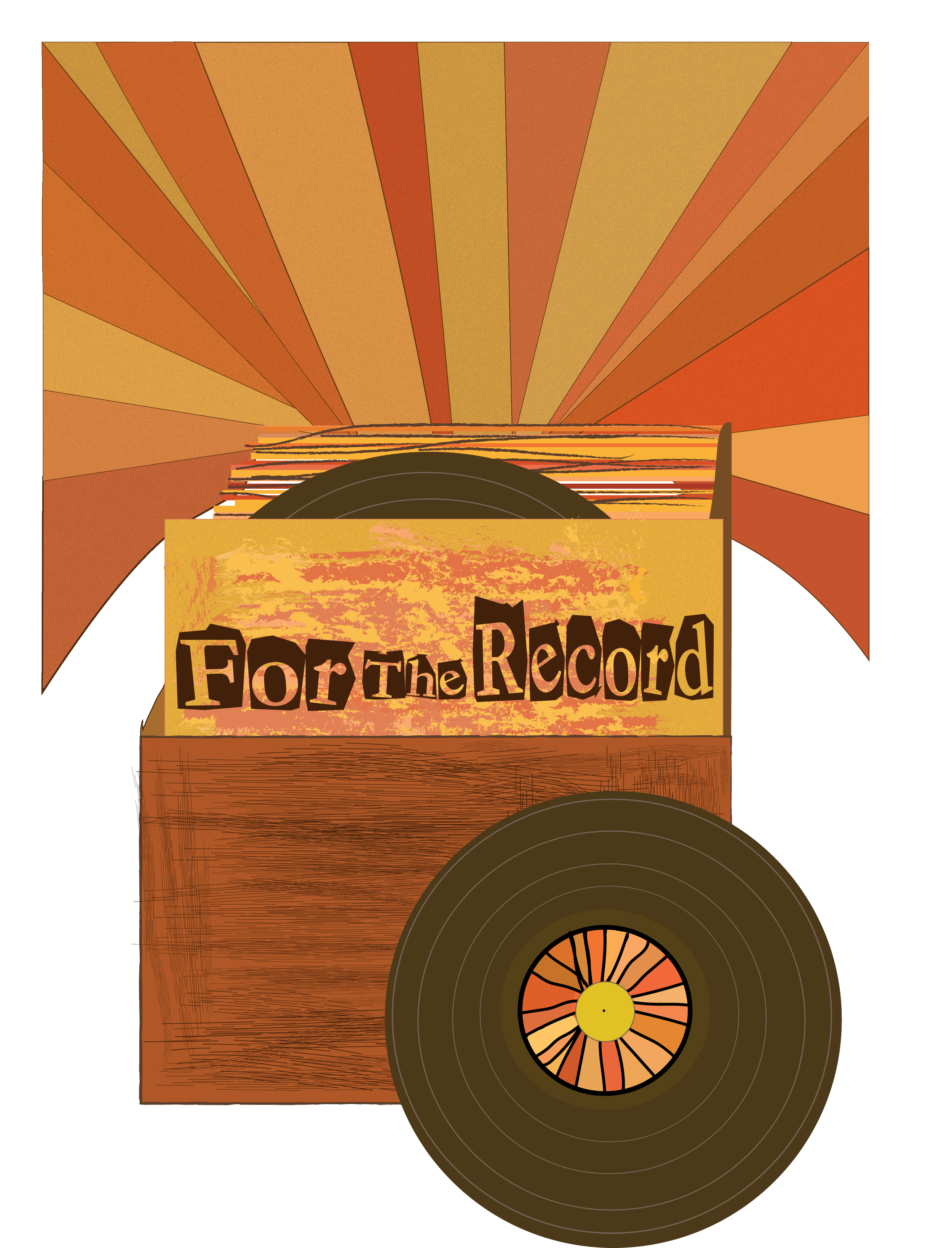 Illustration of a vintage record player with large brown vinyl records and a background with sunburst pattern in shades of orange and yellow.