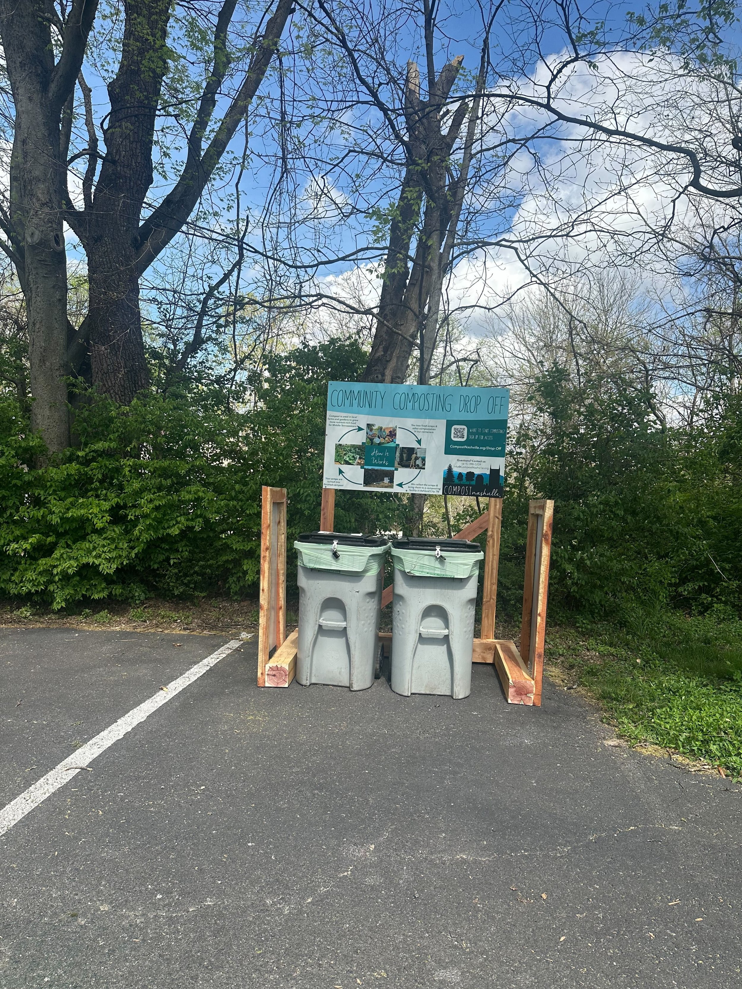 Image of a community compost drop off site at Southend United Methodist Church in Nashville Tennessee