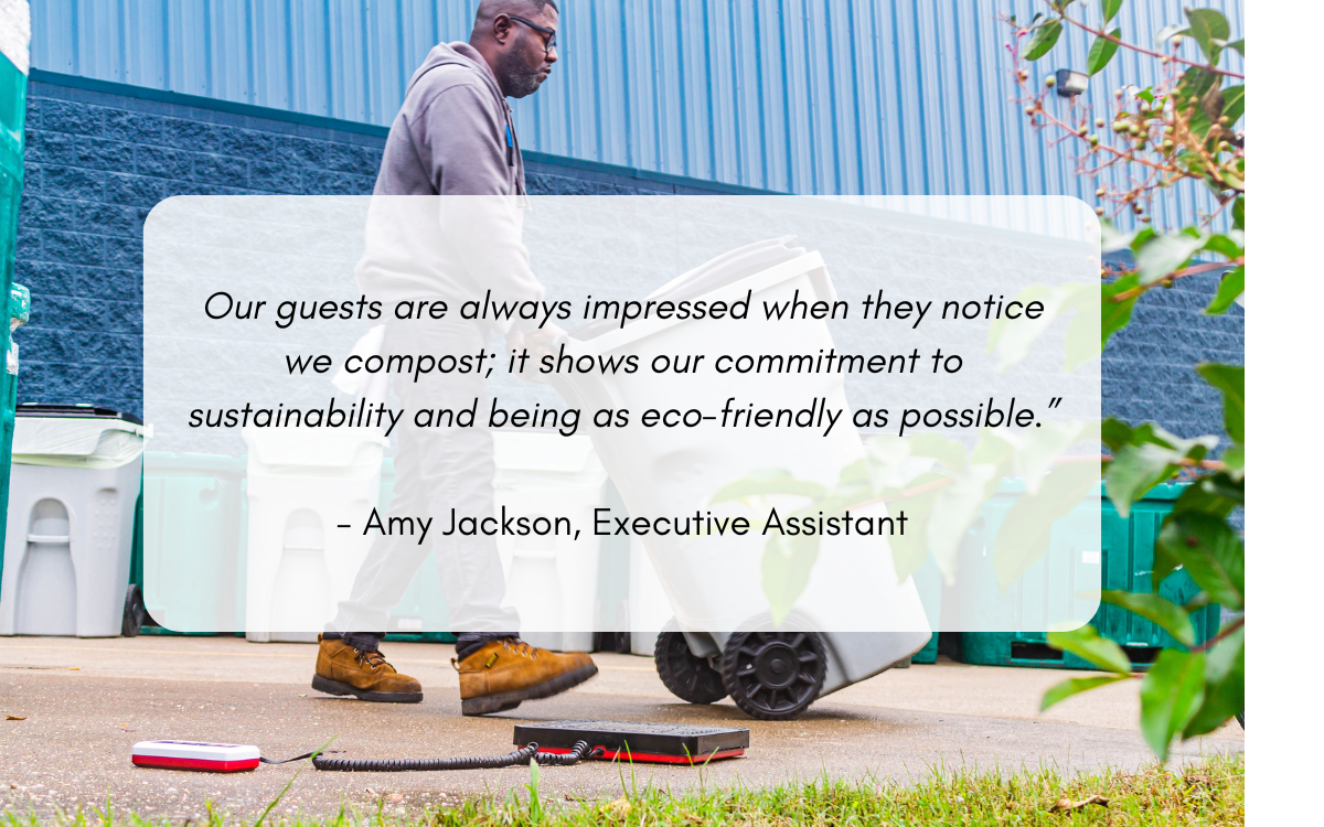 man composting waste from an office and weighing the material