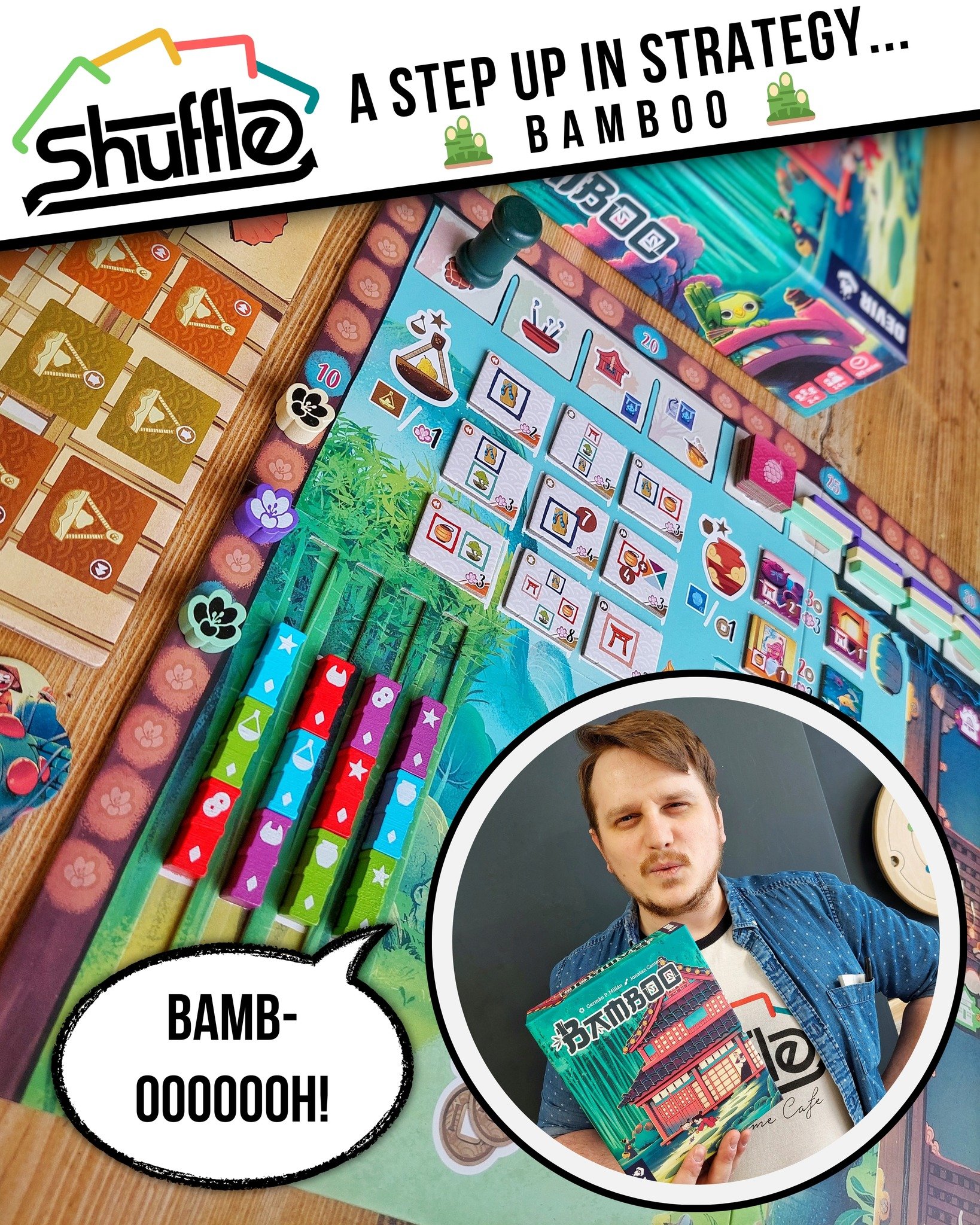 New into Shuffle's board game library: BAMBOO! 🎍 Joash is rather excited to see this one, hence his &quot;OooOOooHhh!&quot; face!

In Bamboo, 2-4 players take on the role of different clans that grow bamboo... and use it to take care of their family