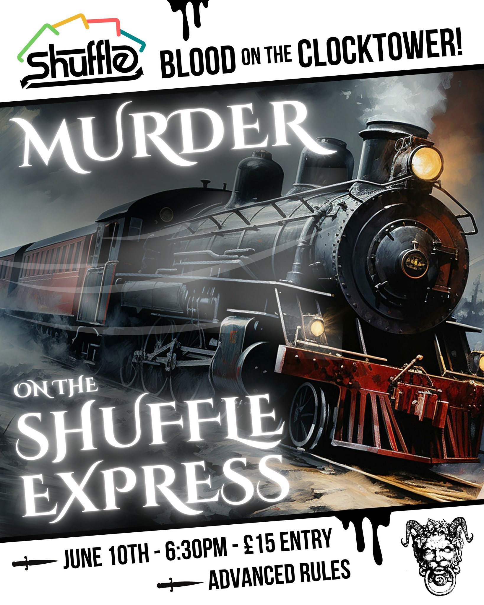 😈 It's time for another night of BLOOD ON THE CLOCKTOWER, Shuffle style! 😈

🚂 MURDER ON THE SHUFFLE EXPRESS 🚂

Somewhere deep in the snowy wastes of... Suffolk... the Shuffle Express has broken down! A freak summer snowstorm has stopped the train