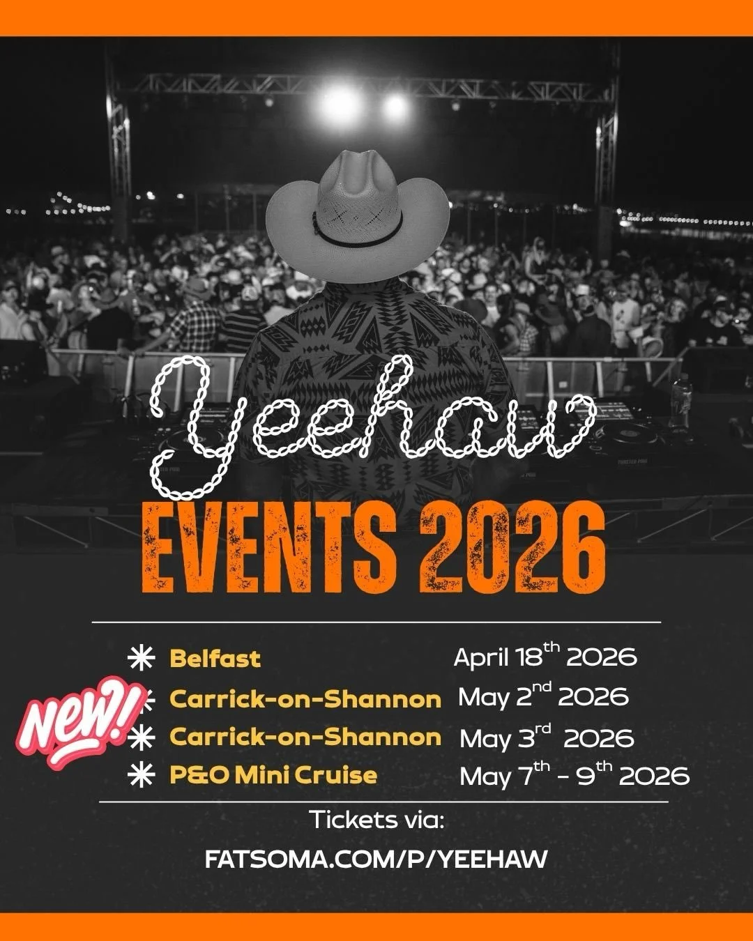 HOWDY PARDS!🤠 YOUR YEEHAW UPDATES BELOW
👇👇👇

🤠BELFAST - April 18th 2026 / 2pm to 6pm
Yeehaw Day Party at @decubabelfast 
🚨ATTENTION! Final release on sale!

🤠Carrick-on-Shannon - May 2nd 2026
Country Fest 2026 🇮🇪 Yeehaw Takeover 
More detail