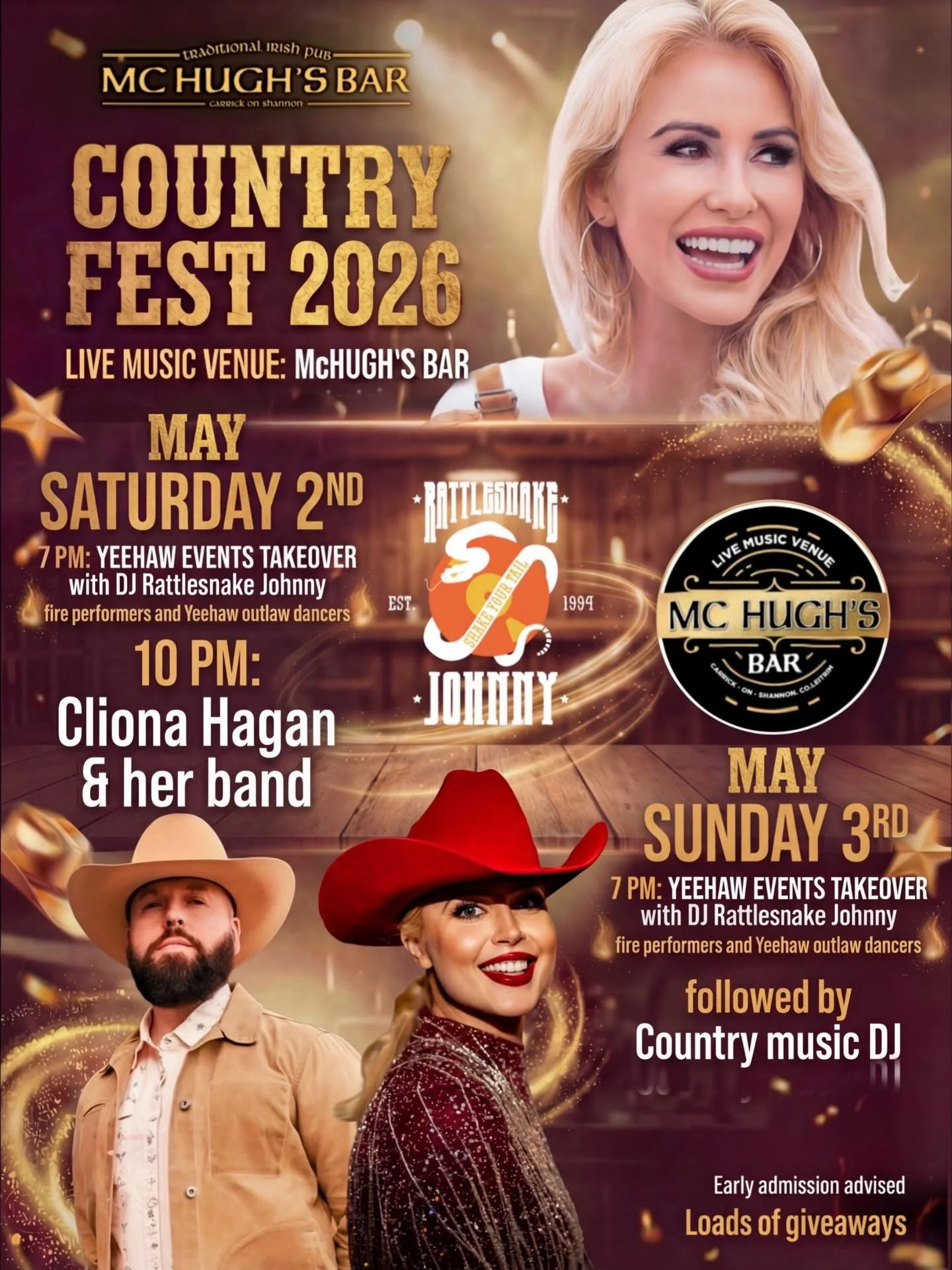 🎉 COUNTRY FEST 2026 &ndash; Yeehaw Takeover 🎶

The most rootin&rsquo;-tootin&rsquo; country party is riding into Carrick-on-Shannon this May🤠

Join us on Saturday May 2nd and Sunday, May 3rd at McHugh&rsquo;s Bar for a full day of boot-stompin&rsq