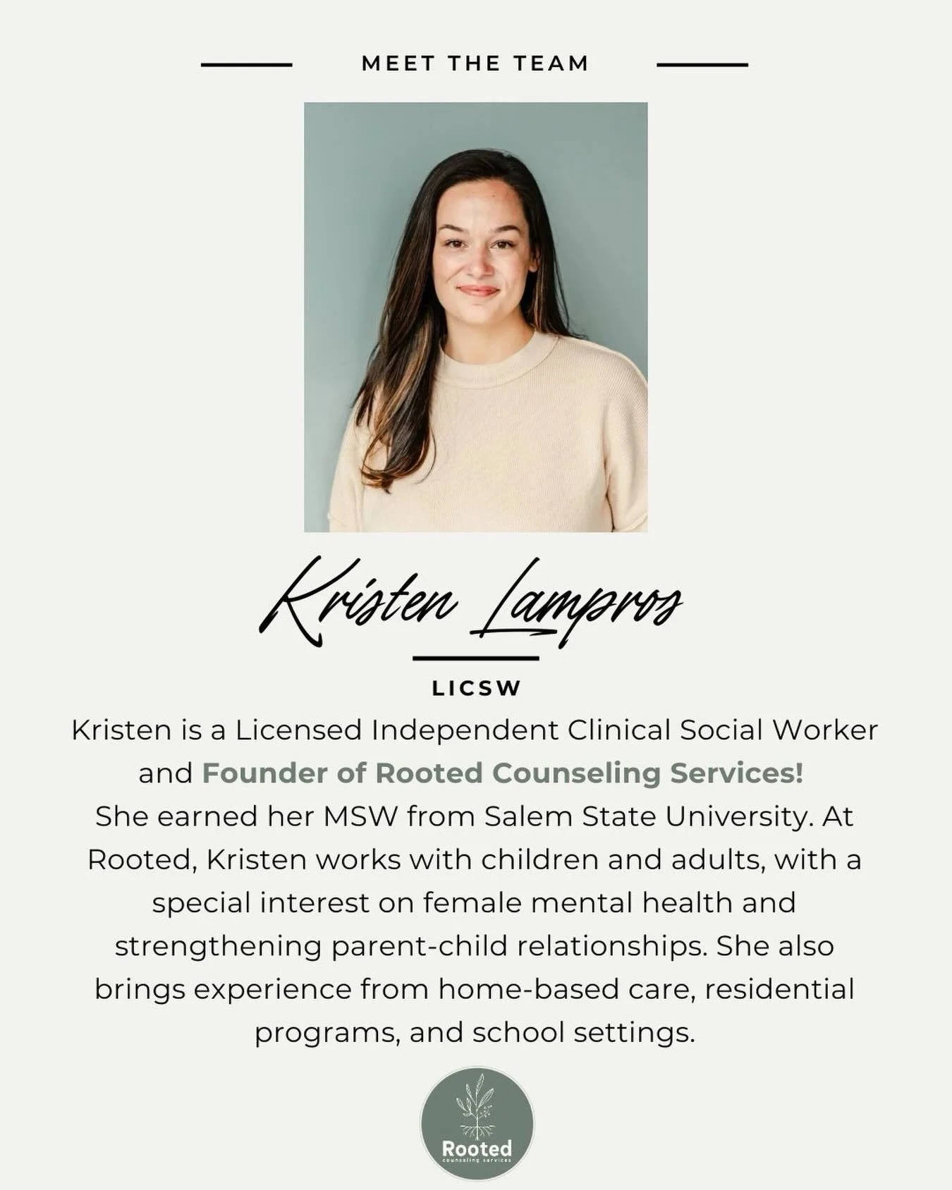 Meet Kristen, founder of Rooted Counseling Services! 💚
Kristen supports children, adults, and families, focusing on connection, growth, and lasting support. 🪴
#MATherapist #TherapistSpotlight #MeetTheTeam #PracticeFounder #RootedCounselingServices